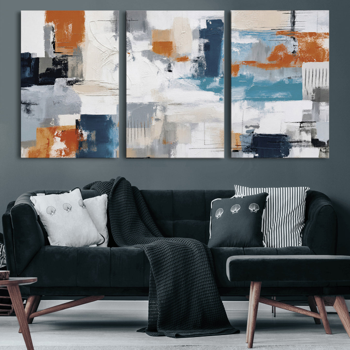 44950303-MGV-CV-36X24 - Blue Teal Abstract Canvas Wall Art, Modern Textured Painting Print, Navy Orange White Contemporary Art, Neutral Living Room Decor, Office Art