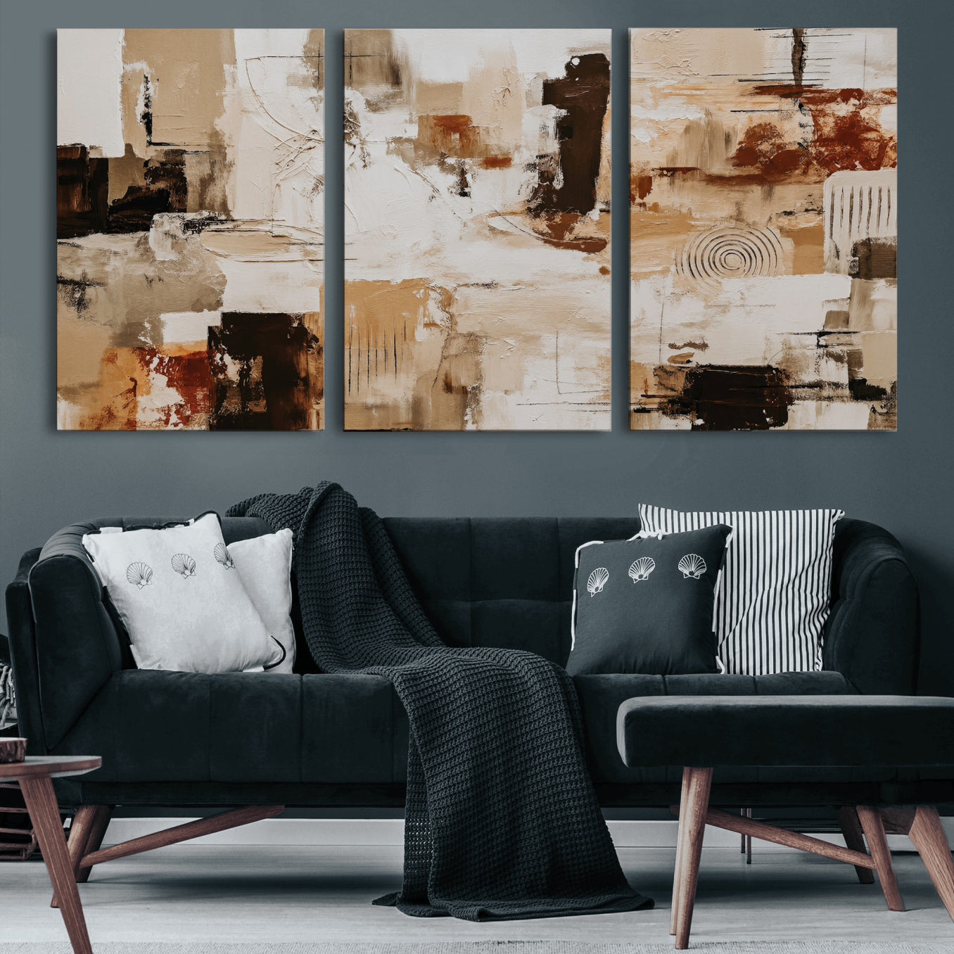 26560159-MGV-CV-36X24 - Blue Teal Abstract Canvas Wall Art, Modern Textured Painting Print, Navy Orange White Contemporary Art, Neutral Living Room Decor, Office Art
