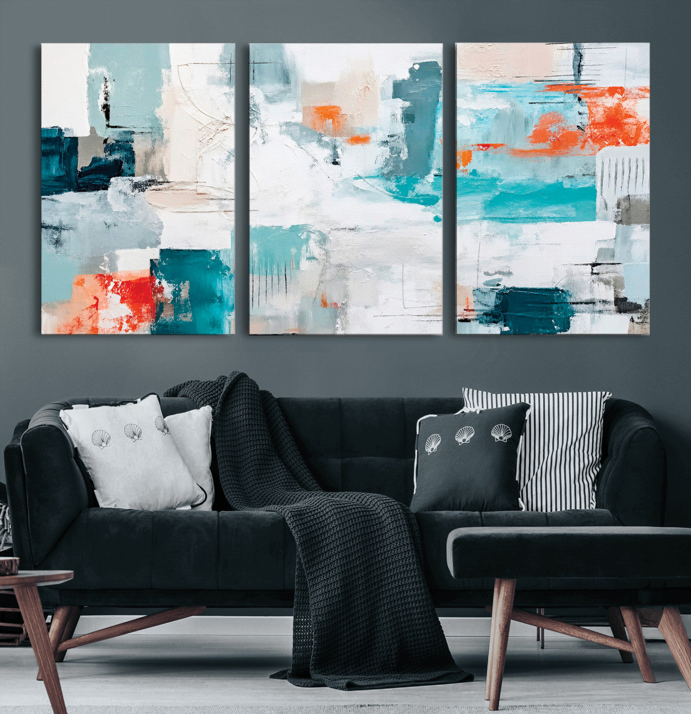 98638479-MGV-CV-36X24 - Blue Teal Abstract Canvas Wall Art | Modern Textured Painting Print, Navy Orange White Contemporary Art, Neutral Living Room Decor, Office Art
