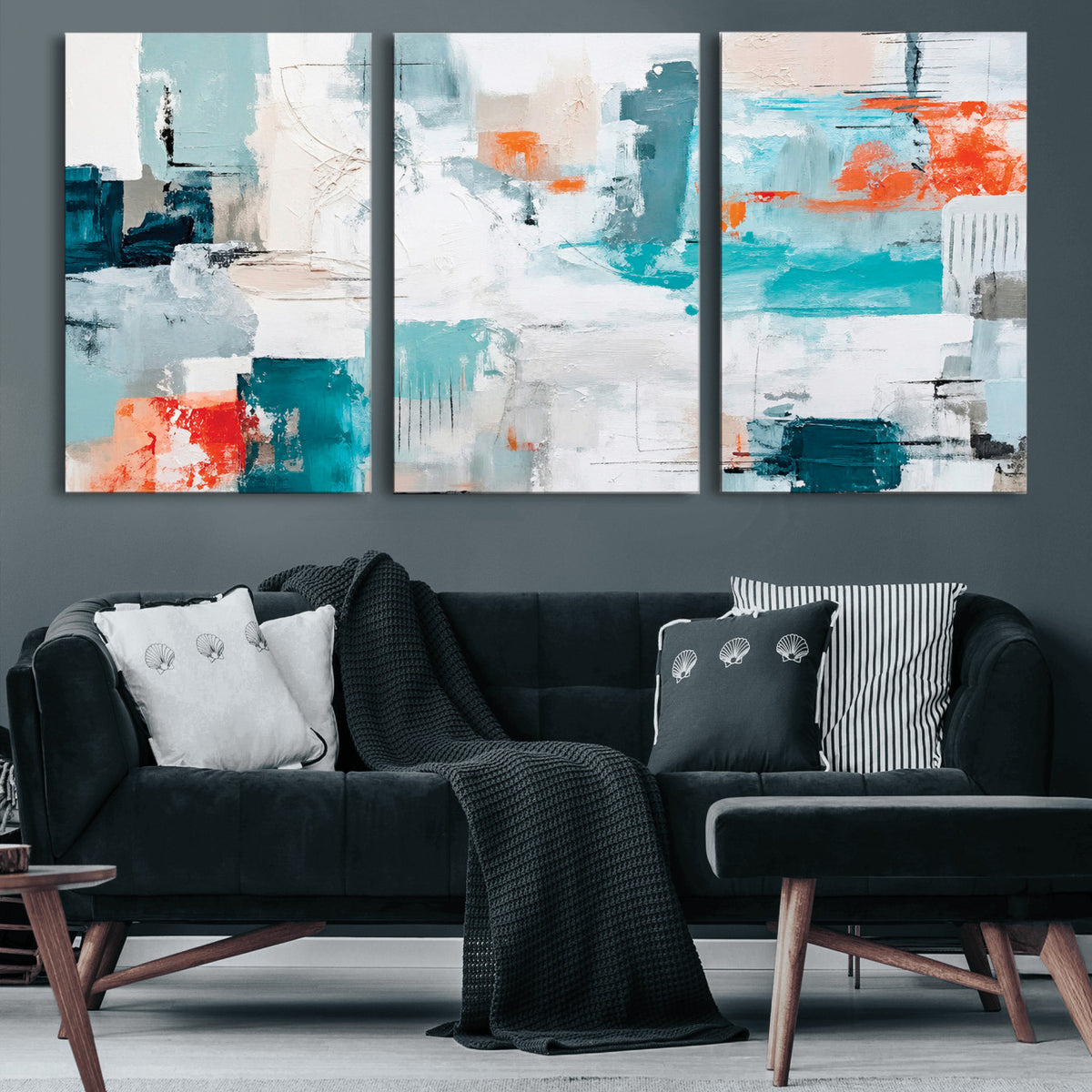 98638479-MGV-CV-36X24 - Blue Teal Abstract Canvas Wall Art | Modern Textured Painting Print, Navy Orange White Contemporary Art, Neutral Living Room Decor, Office Art