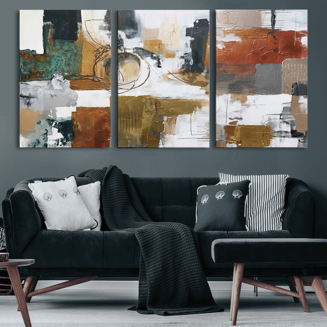 50720312-MGV-CV-36X24 - Blue Teal Abstract Canvas Wall Art, Modern Textured Painting Print, Navy Orange White Contemporary Art, Neutral Living Room Decor, Office Art