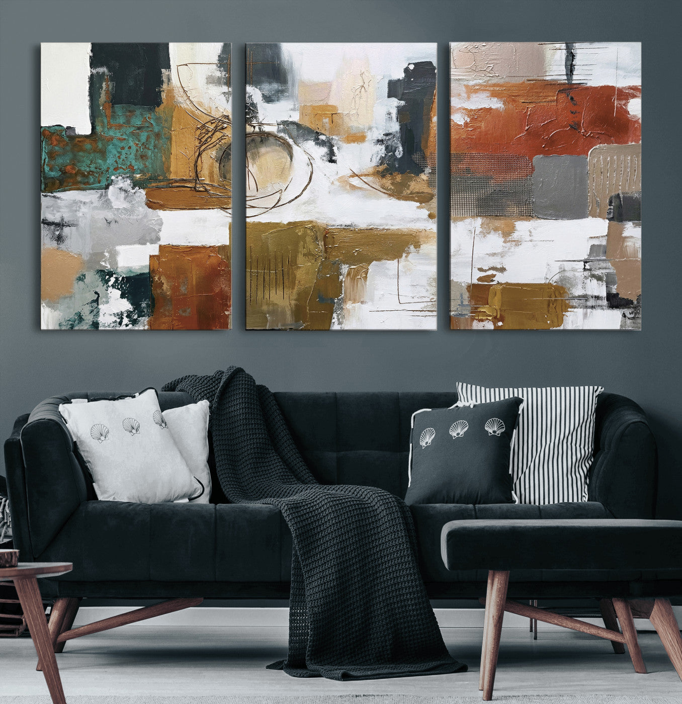 50720312-MGV-CV-36X24 - Blue Teal Abstract Canvas Wall Art, Modern Textured Painting Print, Navy Orange White Contemporary Art, Neutral Living Room Decor, Office Art