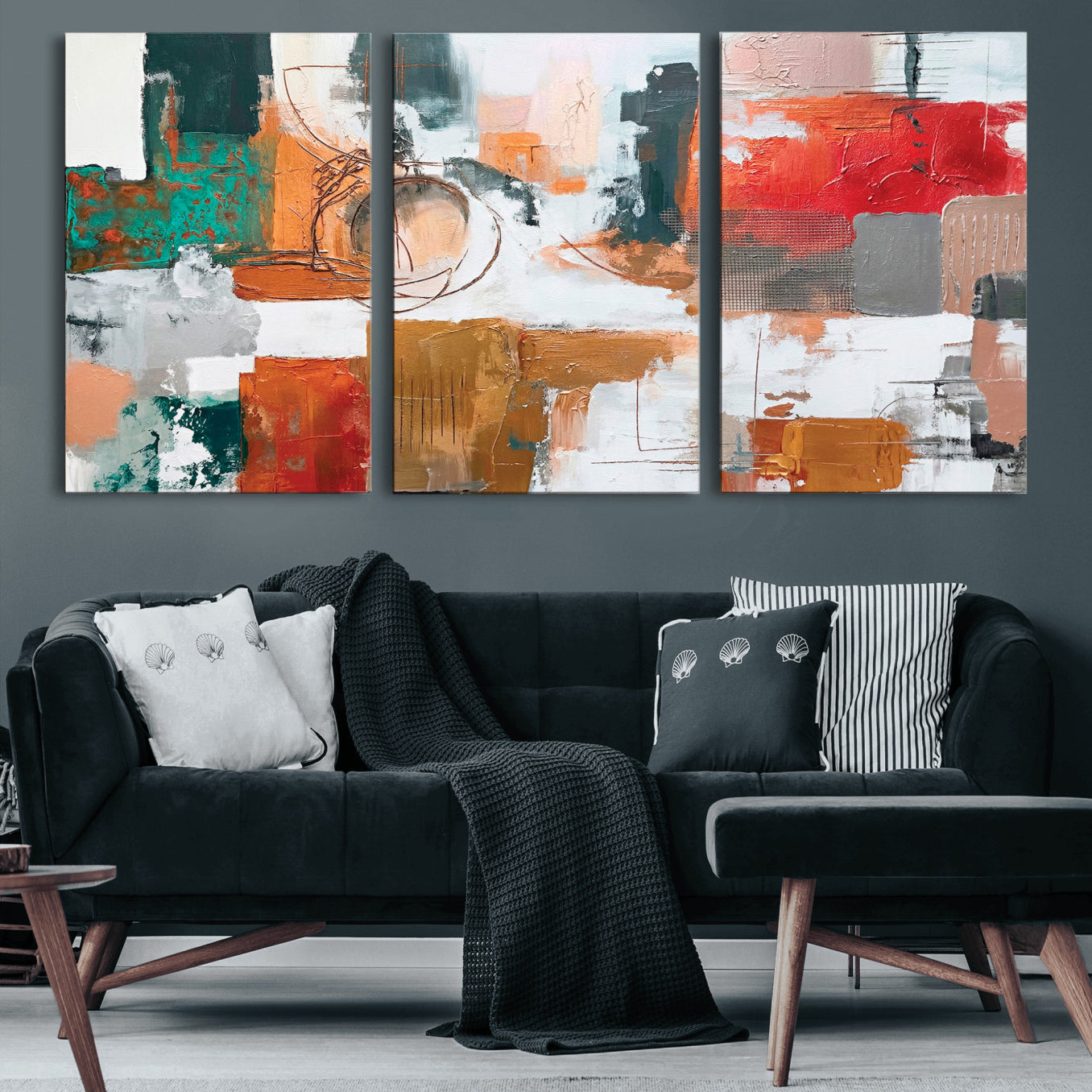 50720312-MGV-CV-36X24 - Blue Teal Abstract Canvas Wall Art | Modern Textured Painting Print, Navy Orange White Contemporary Art, Neutral Living Room Decor, Office Art.