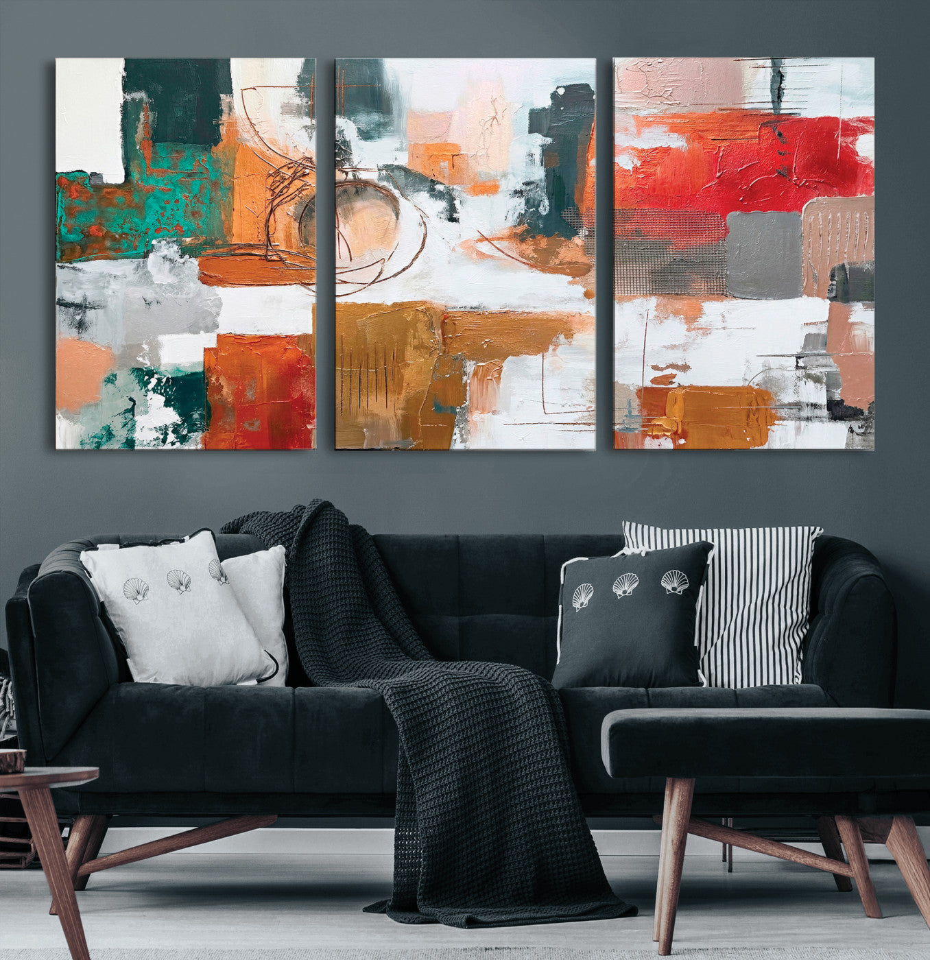 50720312-MGV-CV-36X24 - Blue Teal Abstract Canvas Wall Art | Modern Textured Painting Print, Navy Orange White Contemporary Art, Neutral Living Room Decor, Office Art.
