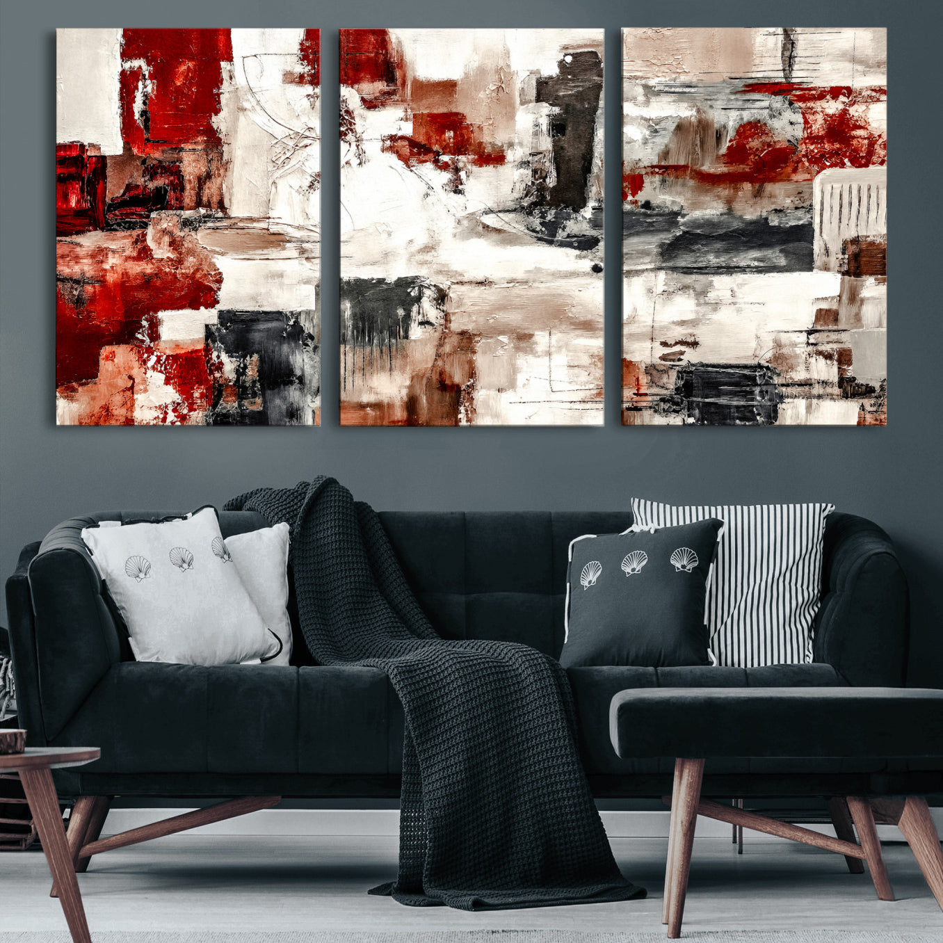 53022468-MGV-CV-36X24 - Blue Teal Abstract Canvas Wall Art, Modern Textured Painting Print, Navy Orange White Contemporary Art, Neutral Living Room Decor, Office Art