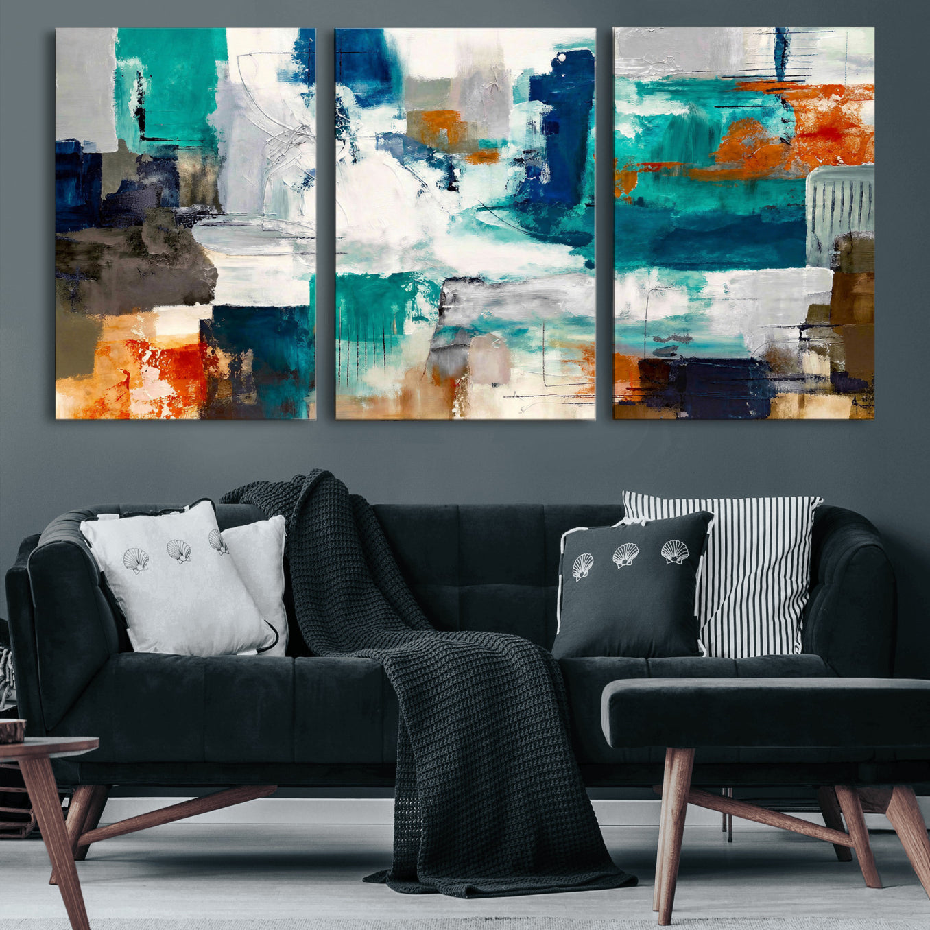 44038089-MGV-CV-36X24 - Blue Teal Abstract Canvas Wall Art, Modern Textured Painting Print, Navy Orange White Contemporary Art, Neutral Living Room Decor, Office Art