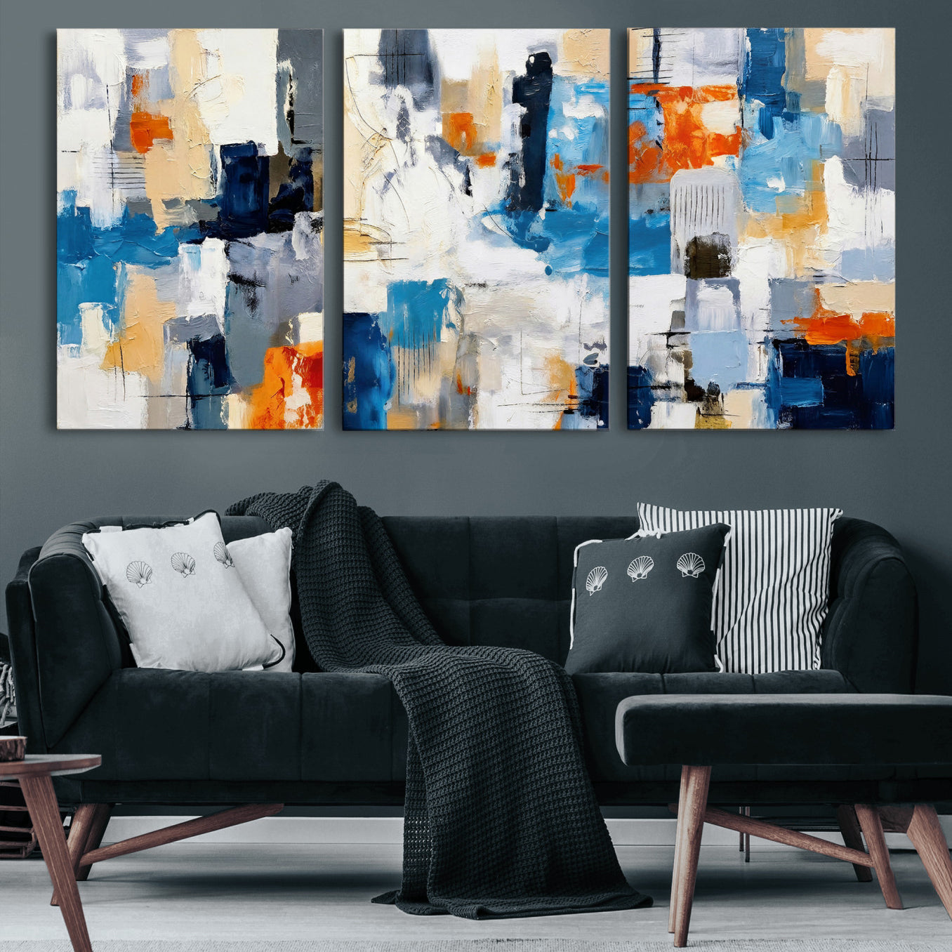 83915061-MGV-CV-36X24 - Blue Teal Abstract Canvas Wall Art, Modern Textured Painting Print, Navy Orange White Contemporary Art, Neutral Living Room Decor, Office Art