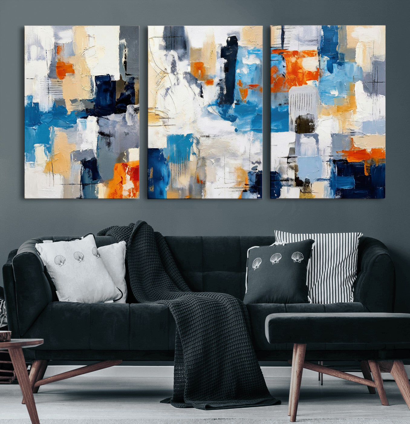 83915061-MGV-CV-36X24 - Blue Teal Abstract Canvas Wall Art, Modern Textured Painting Print, Navy Orange White Contemporary Art, Neutral Living Room Decor, Office Art