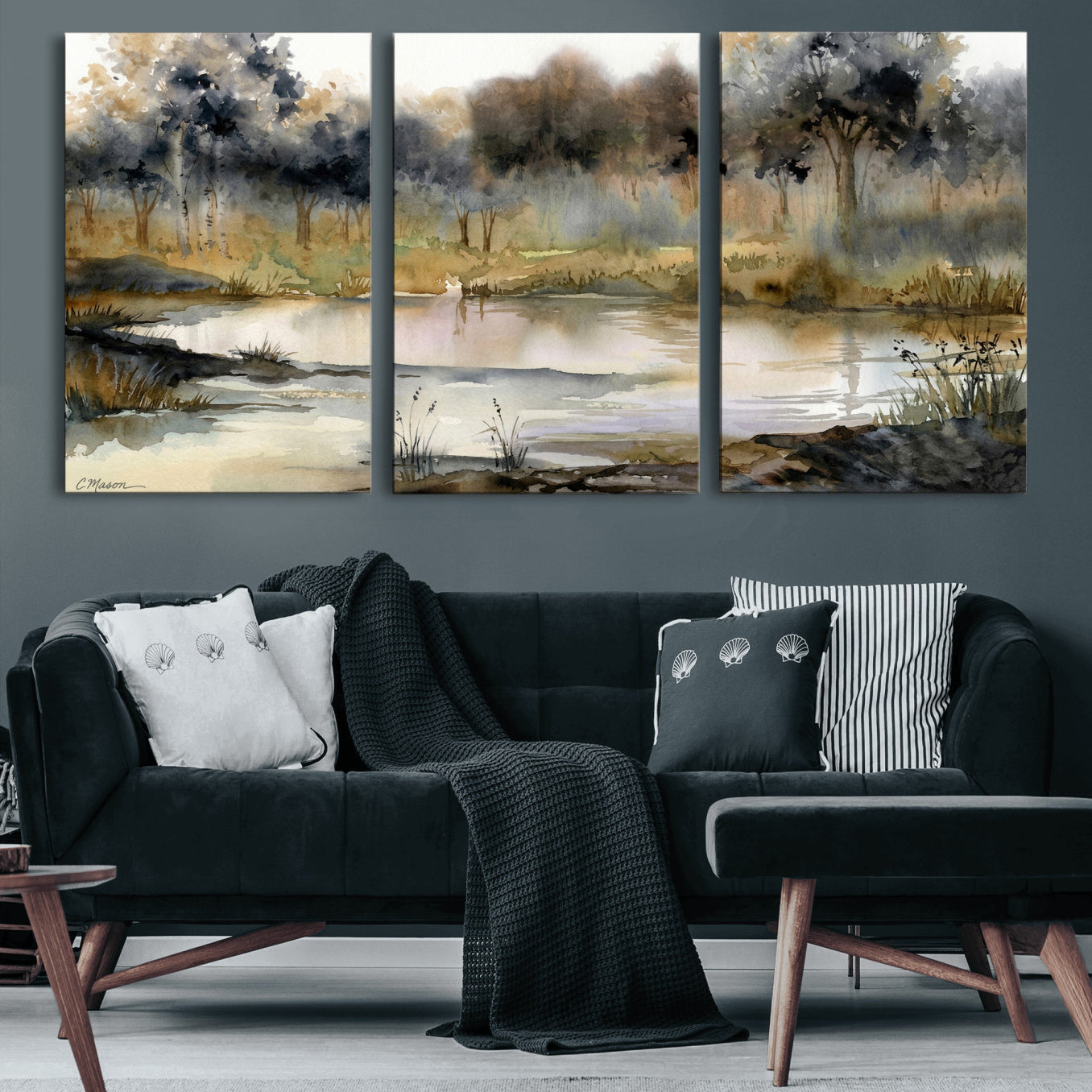 27383609-MGV-CV-36X24 - Abstract WatercolorAutumn Lake Canvas Wall Art Print, Misty Forest Landscape, Rustic Nature Painting, Cabin Wall Decor, Ready to Hang