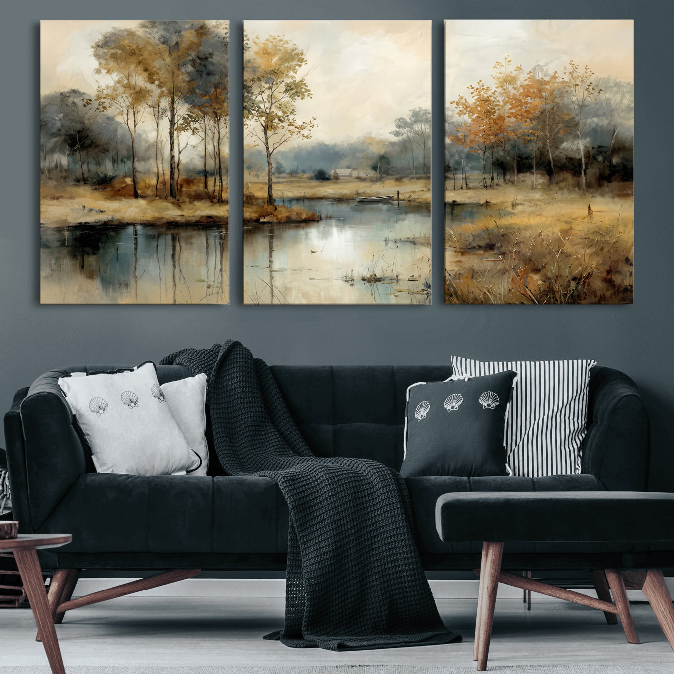 74391095-MGV-CV-36X24 - Abstract WatercolorAutumn Lake Canvas Wall Art Print, Misty Forest Landscape, Rustic Nature Painting, Cabin Wall Decor, Ready to Hang