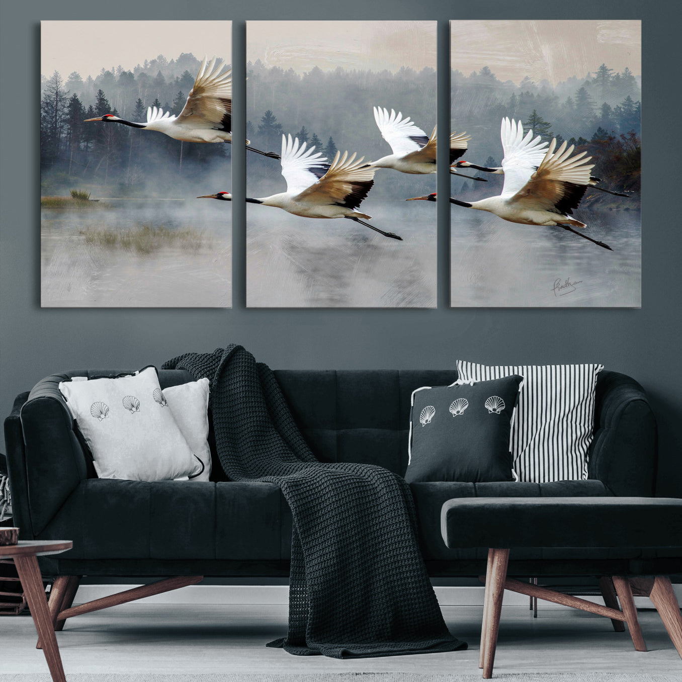 24356826-MGV-CV-36X24 - Flying Crane Canvas Wall Art Print, White Crane Bird Artwork, Wildlife Nature Decor, Lake Landscape Canvas - Ready to Hang