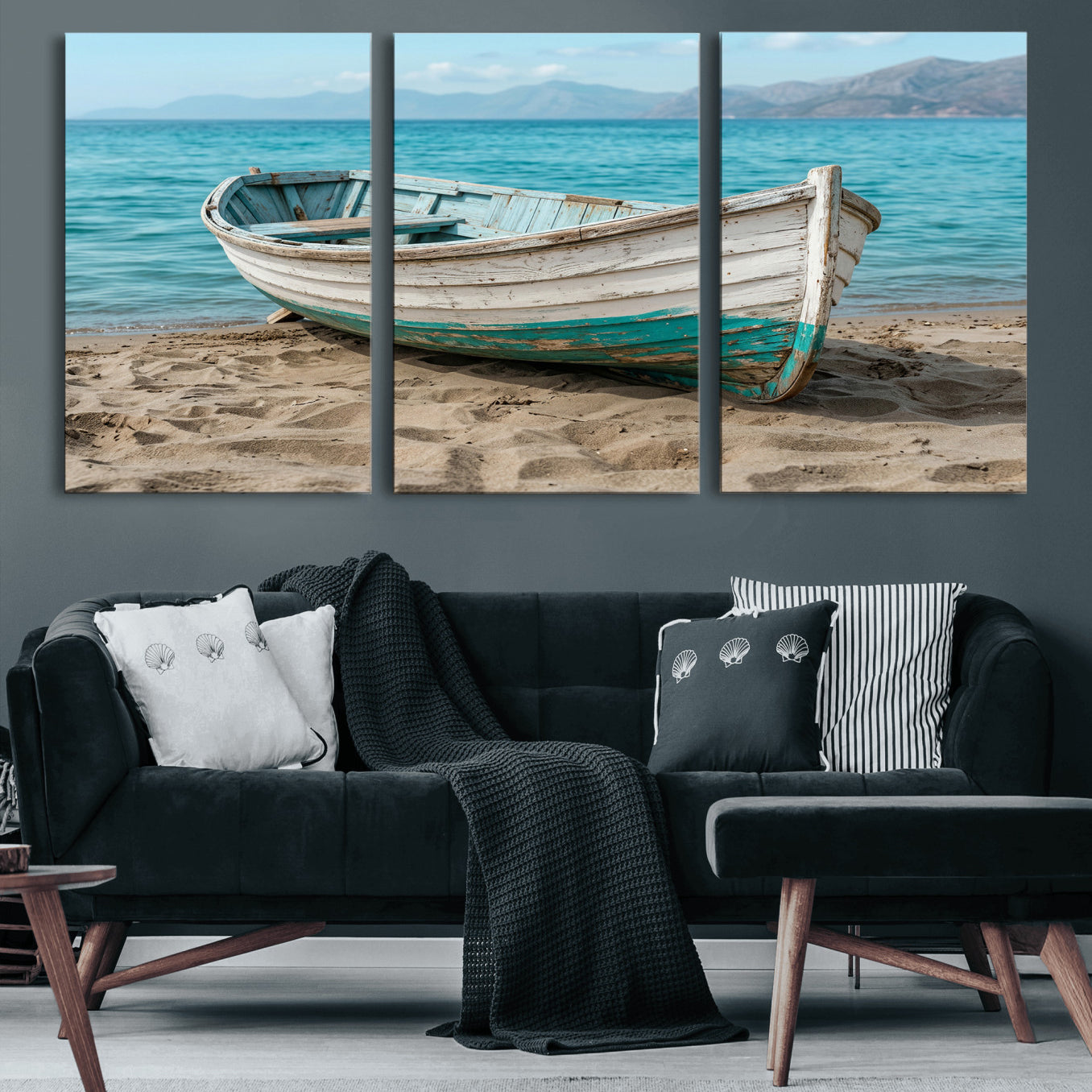 49963709-MGV-CV-36X24 - Coastal Boat Canvas Wall Art Print, Beach Boat Painting, Nautical Ocean Decor, Seascape Wall Art, Ready to Hang