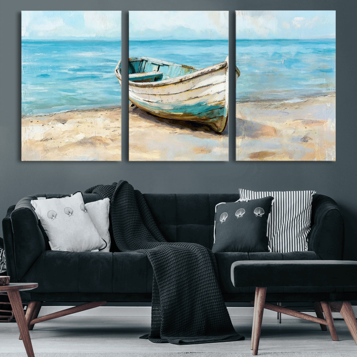 14780565-MGV-CV-36X24 - Coastal Boat Canvas Wall Art Print, Beach Boat Painting, Nautical Ocean Decor, Seascape Wall Art, Ready to Hang