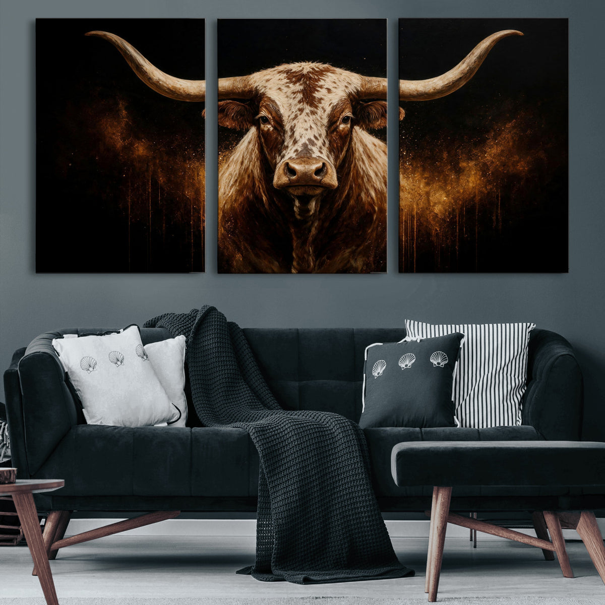 62076449-MGV-CV-48X32-3P - Texas Bull Cow Longhorn Canvas Wall Art Moody Western Bull Oil Painting Print