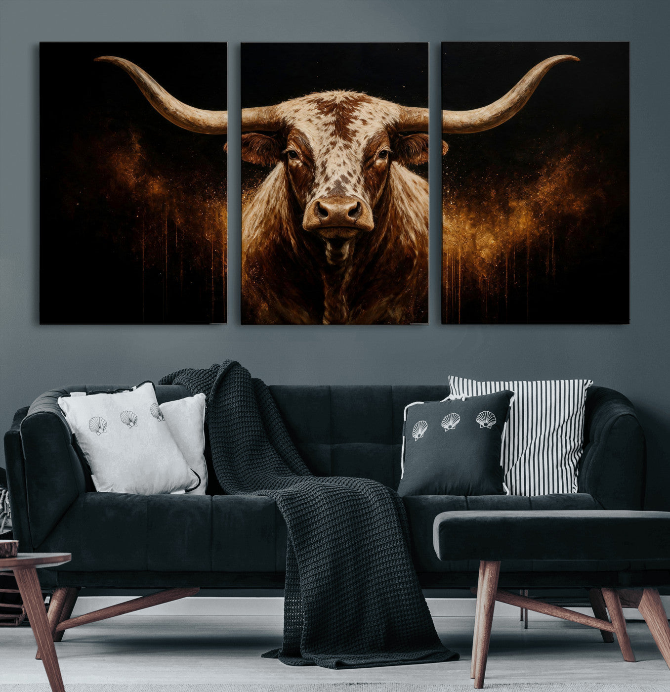 62076449-MGV-CV-48X32-3P - Texas Bull Cow Longhorn Canvas Wall Art Moody Western Bull Oil Painting Print