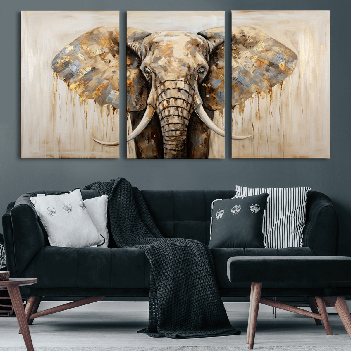 95819221-MGV-CV-36X24 - Gold Leaf Elephant Canvas Wall Art Abstract African Wildlife Painting Print