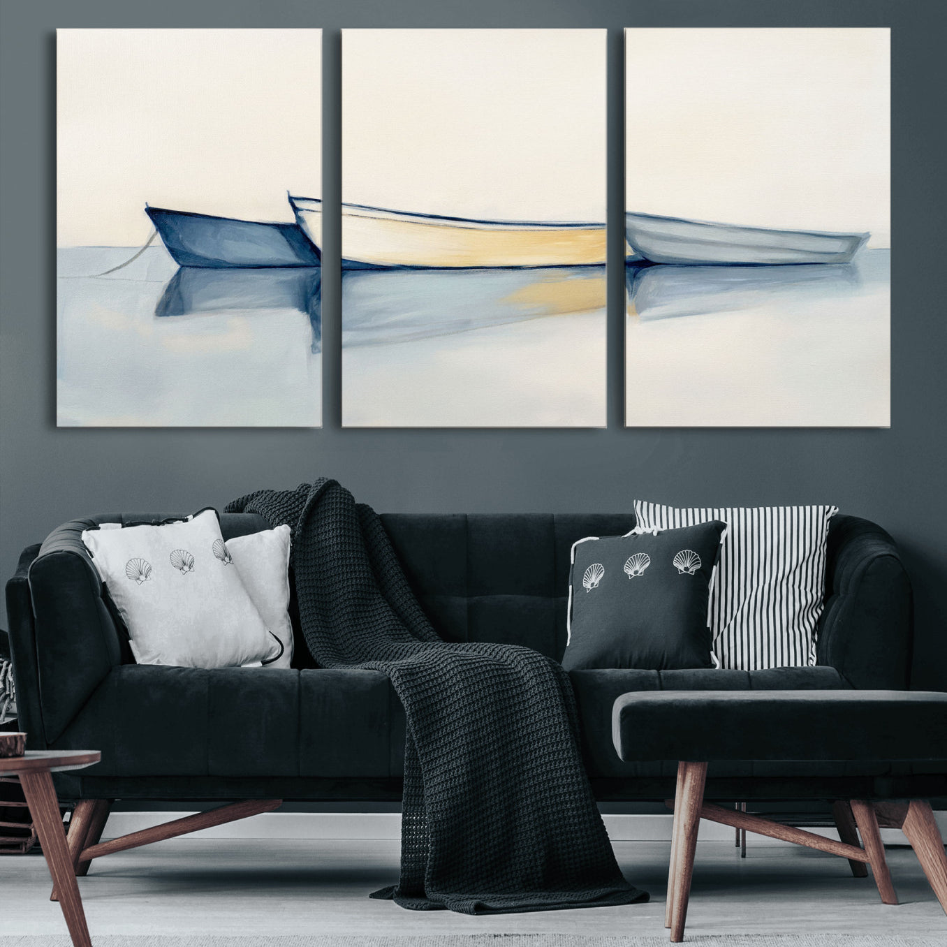 84017361-MGV-CV-36X24 - Abstract Three Boats Reflecting on Water Wall Art Canvas Print - Minimalist Coastal Seascape