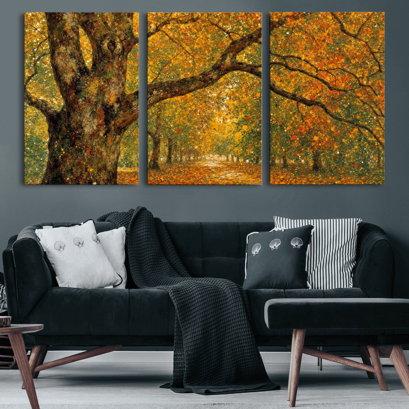 11536138-MGV-CV-36X24 - Vintage Autumn Forest Path Wall Art Canvas Print, Golden Leaves Impressionist Painting Print