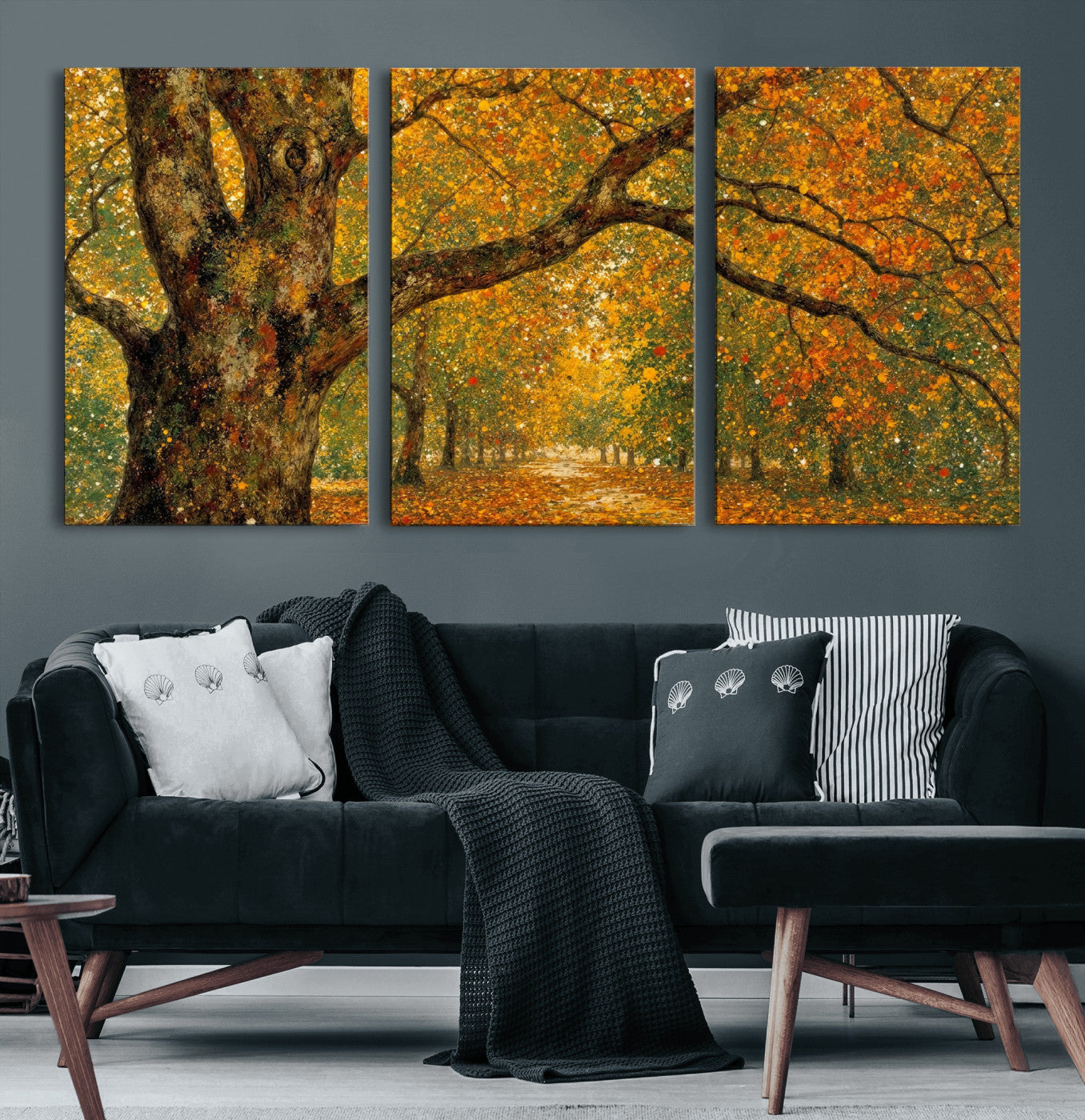 11536138-MGV-CV-36X24 - Vintage Autumn Forest Path Wall Art Canvas Print, Golden Leaves Impressionist Painting Print