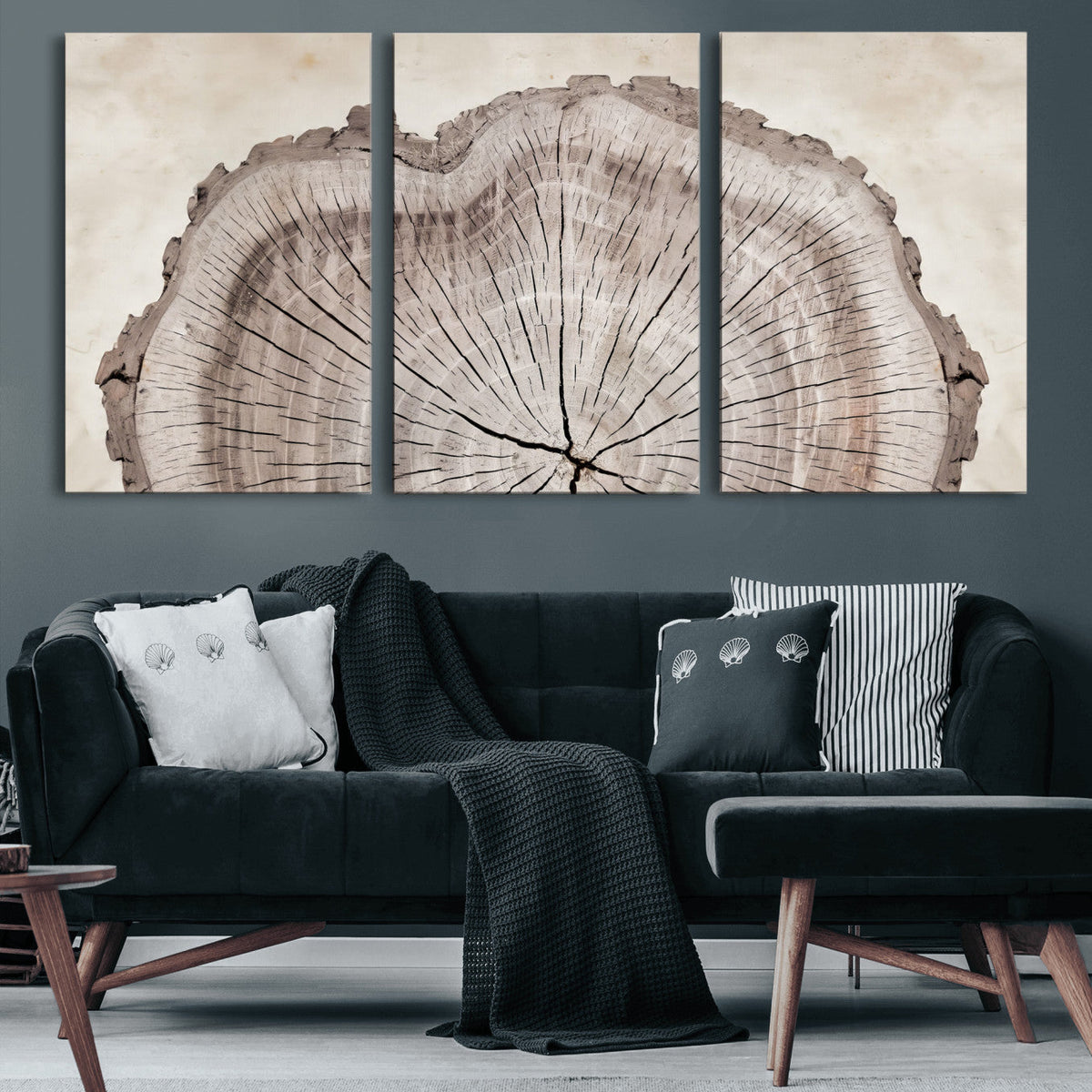 87833480-MGV-CV-60X30-3P - Tree Ring Canvas Wall Art in Neutral Earth Tones, Framed Wood Slice Print for Rustic and Japandi Interiors