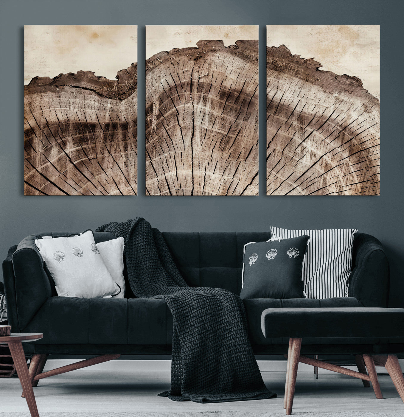91280382-MGV-CV-60X30-3P - Tree Ring Canvas Wall Art in Neutral Earth Tones, Framed Wood Slice Print for Rustic and Japandi Interiors