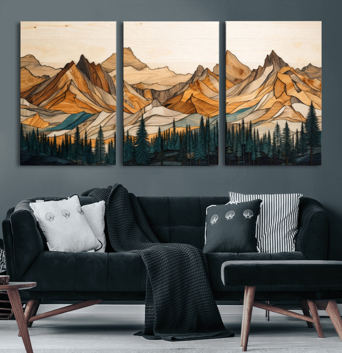 57384313-MGV-CV-60X30-3P - Mountain Landscape Canvas Wall Art with Wood Grain Effect, Golden Peaks and Teal Pine Forest, Framed Cabin Decor