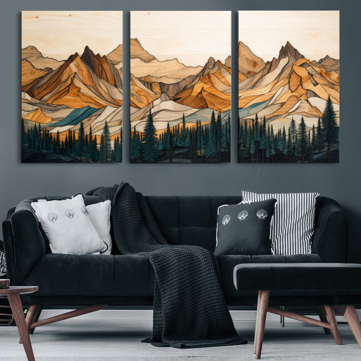 57384313-MGV-CV-48X32-3P - Mountain Landscape Canvas Wall Art with Wood Grain Effect, Golden Peaks and Teal Pine Forest, Framed Cabin Decor