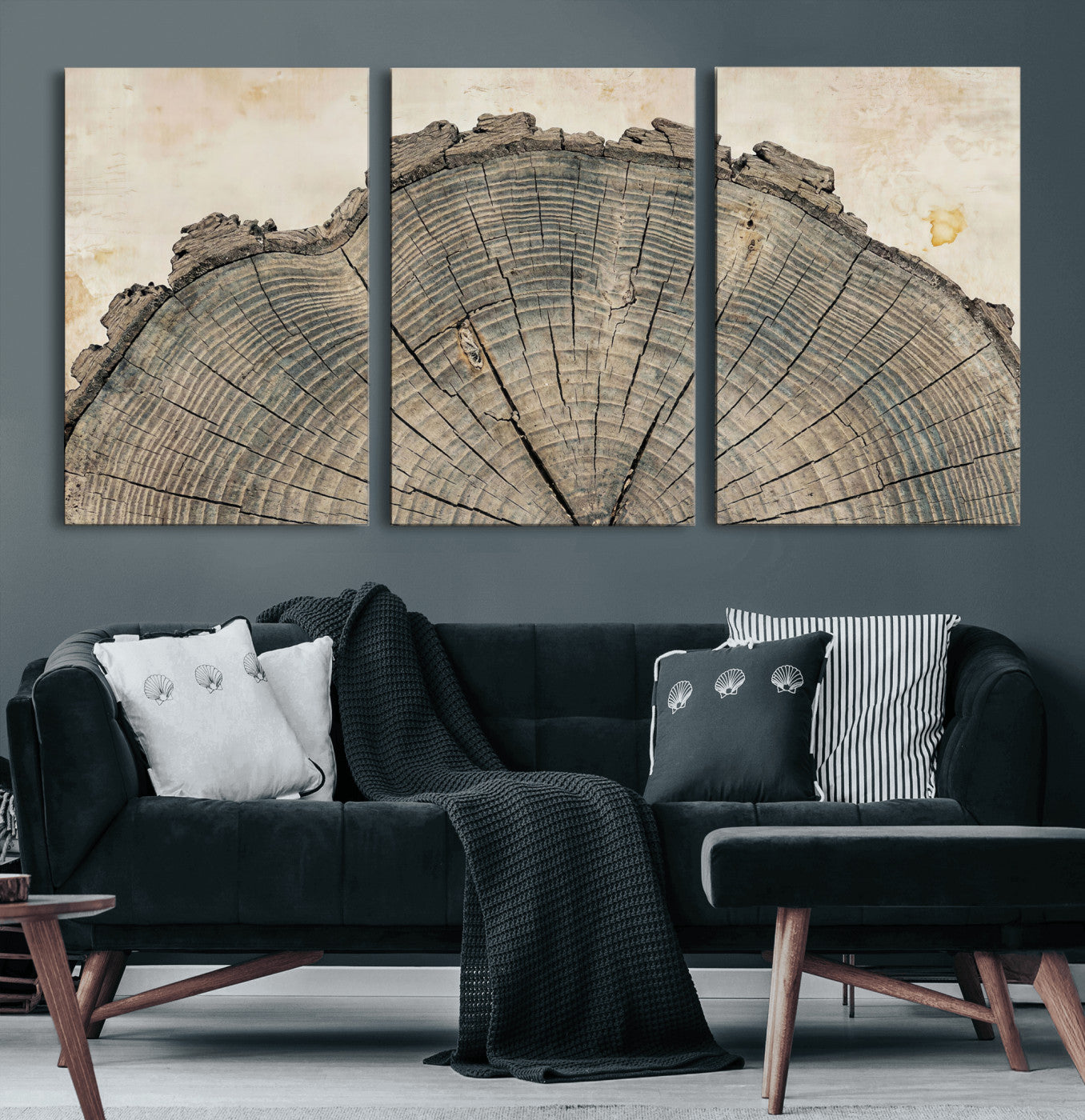 34201080-MGV-CV-60X30-3P - Tree Ring Canvas Wall Art in Neutral Earth Tones, Framed Wood Slice Print for Rustic and Japandi Interiors