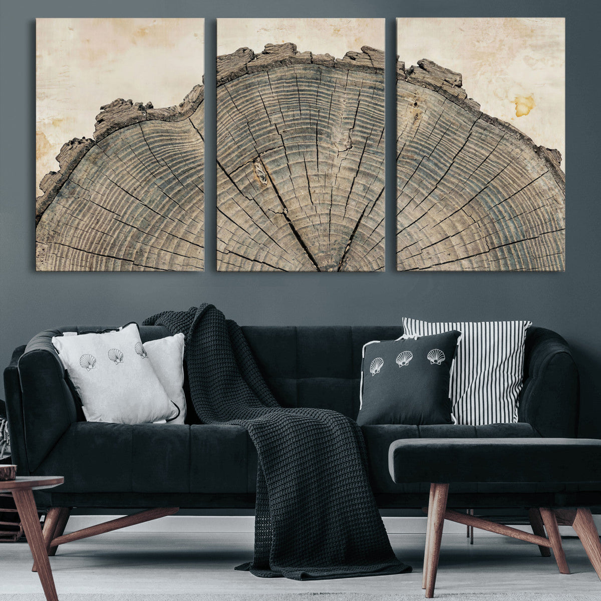 34201080-MGV-CV-60X30-3P - Tree Ring Canvas Wall Art in Neutral Earth Tones, Framed Wood Slice Print for Rustic and Japandi Interiors