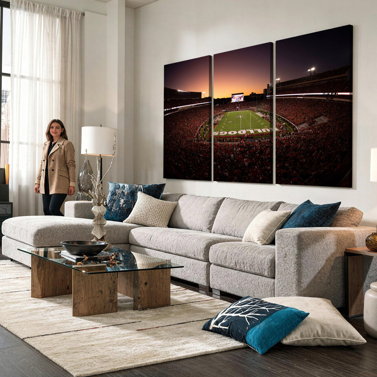 97720998-_Poster-30x20 - Georgia Bulldogs Stadium Sunset Canvas Print 3 Piece Framed Wall Art Extra Large Floating Frame Sports Poster Made in USA