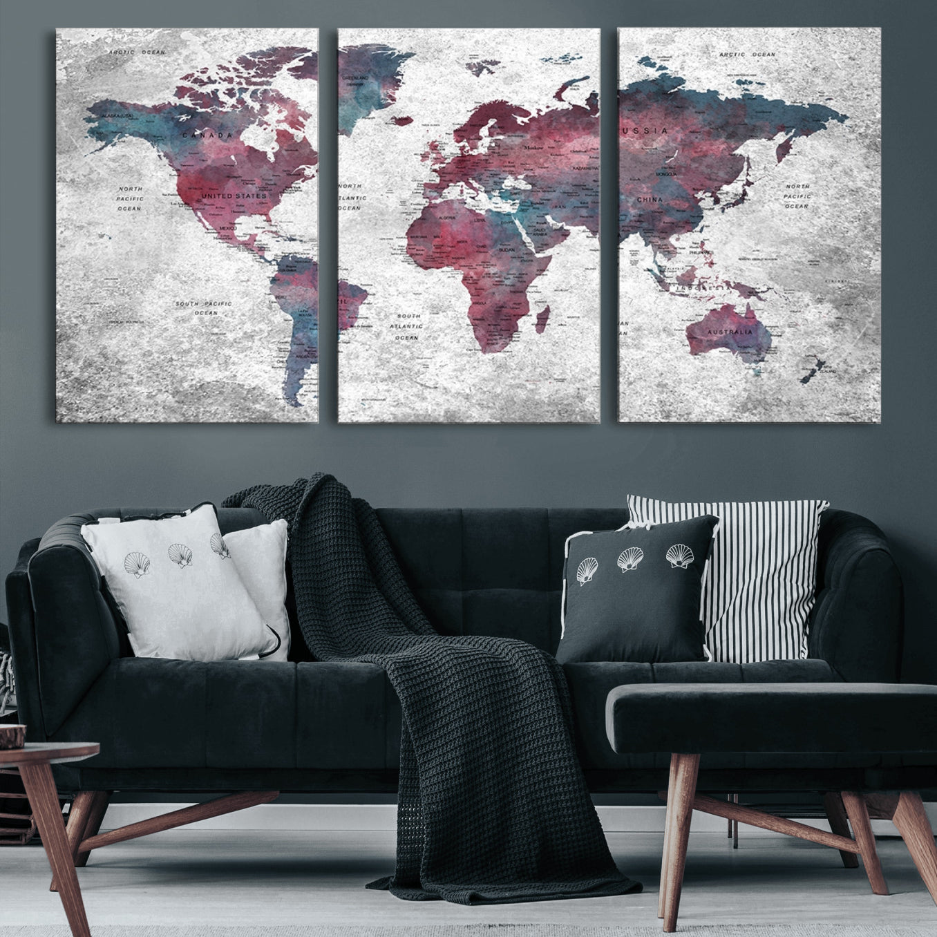 38212-MGV-CV-60X30-3P-Modern Red and Gray World Map Canvas Print – Framed Push Pin Wall Art for Couples, Contemporary Travel Map Artwork for Home and Office Decor