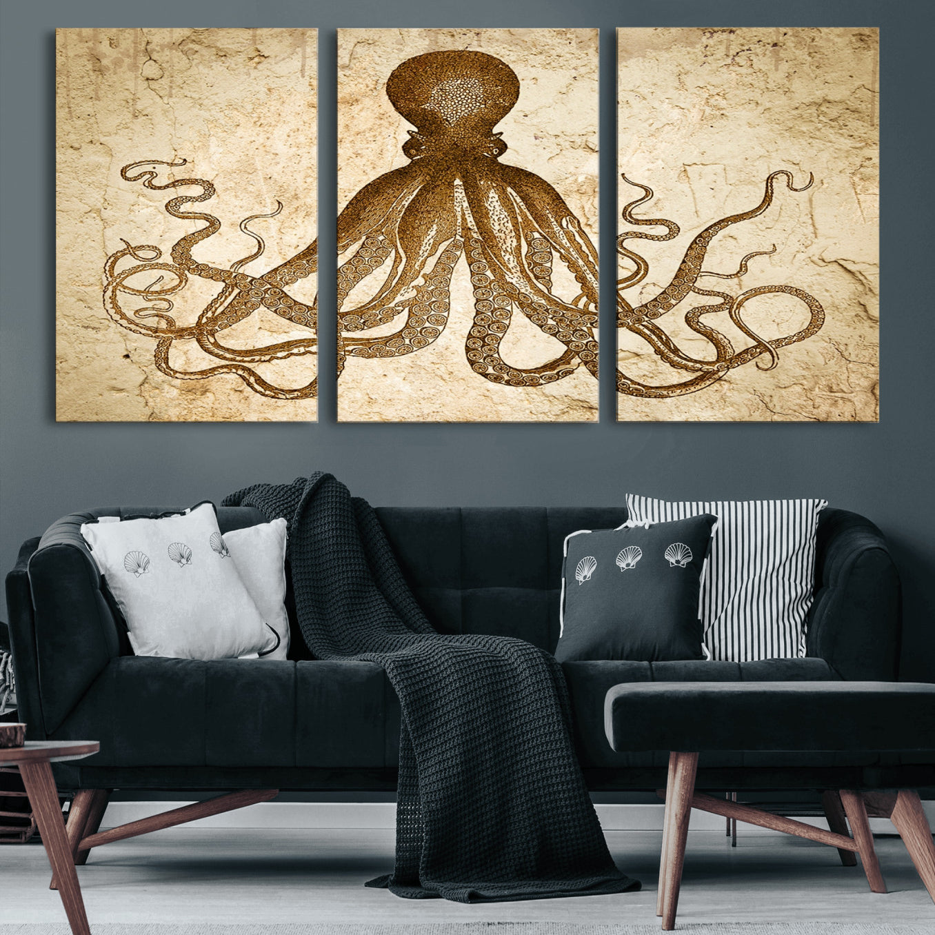96154-MGV-CV-60X30-3P-Sepia Octopus Wall Art Abstract Animal Canvas Print
