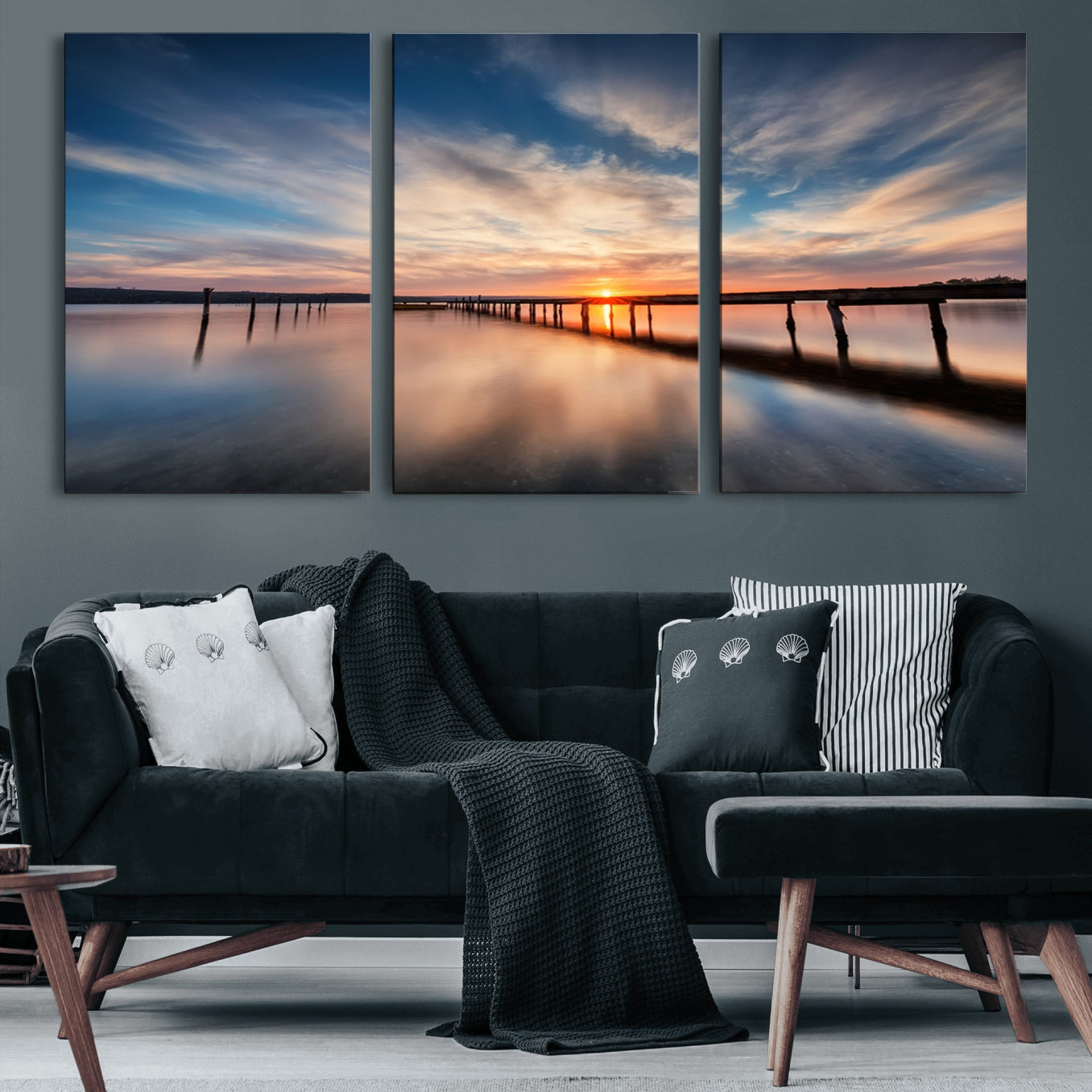 39967-MGV-CV-60X30-3P-Wooden Pier on Seascape and Sunset Wall Art Canvas Print