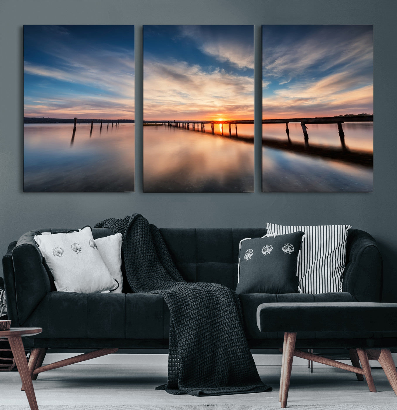39967-MGV-CV-60X30-3P-Wooden Pier on Seascape and Sunset Wall Art Canvas Print
