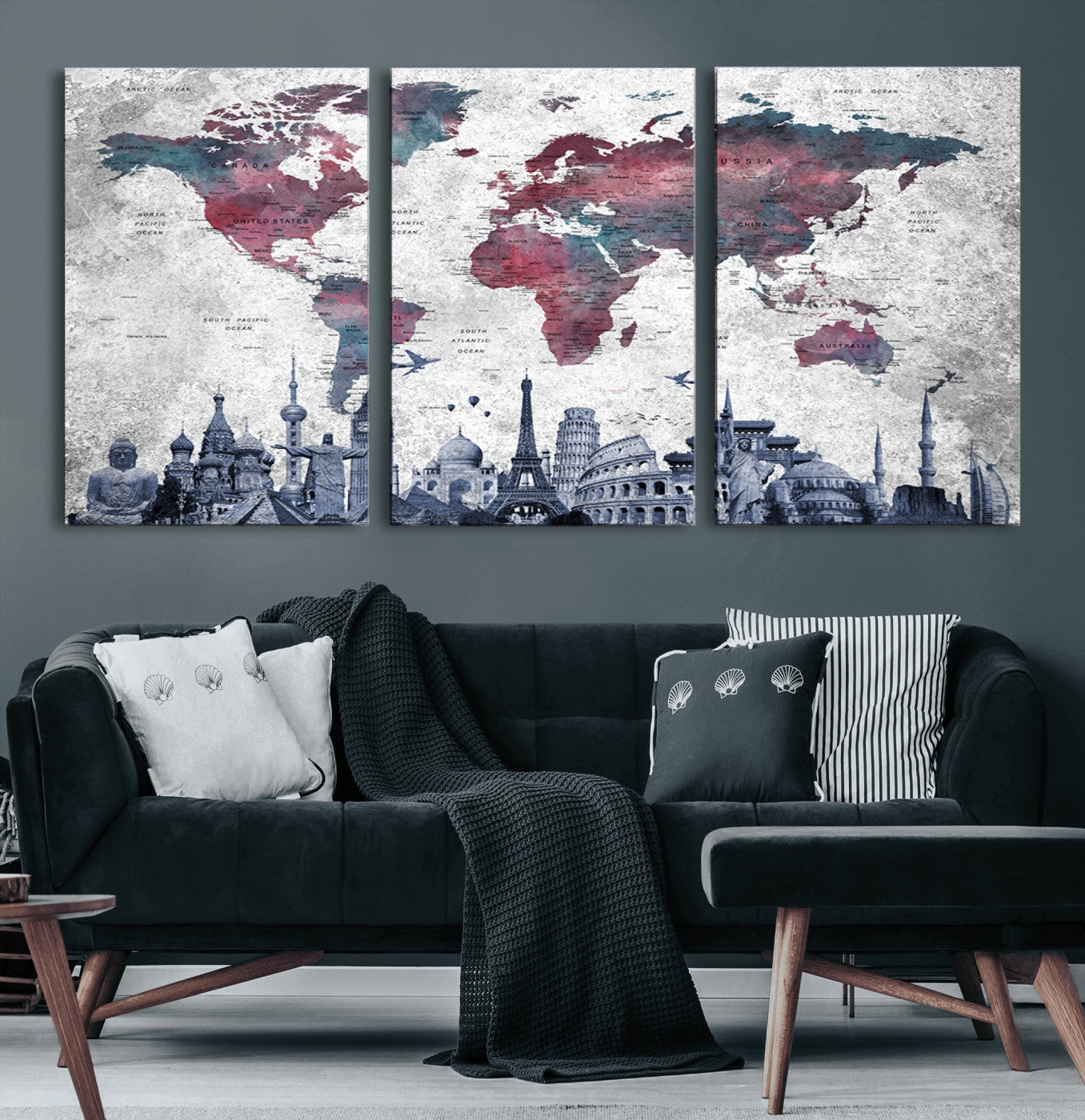 42515-MGV-CV-60X30-3P-World Map Canvas Wall Art with Famous Landmarks – Framed Travel Map Print for Home and Office Decor, Perfect Gift for Travel Lovers