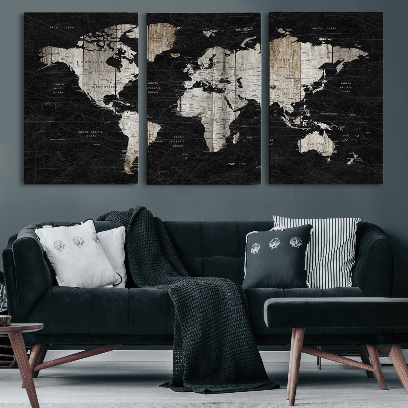 89998-MGV-CV-36X24-Rustic Black and Wood World Map Canvas Wall Art – Framed Push Pin Travel Map for Home and Office Decor, Modern Vintage Wall Artwork