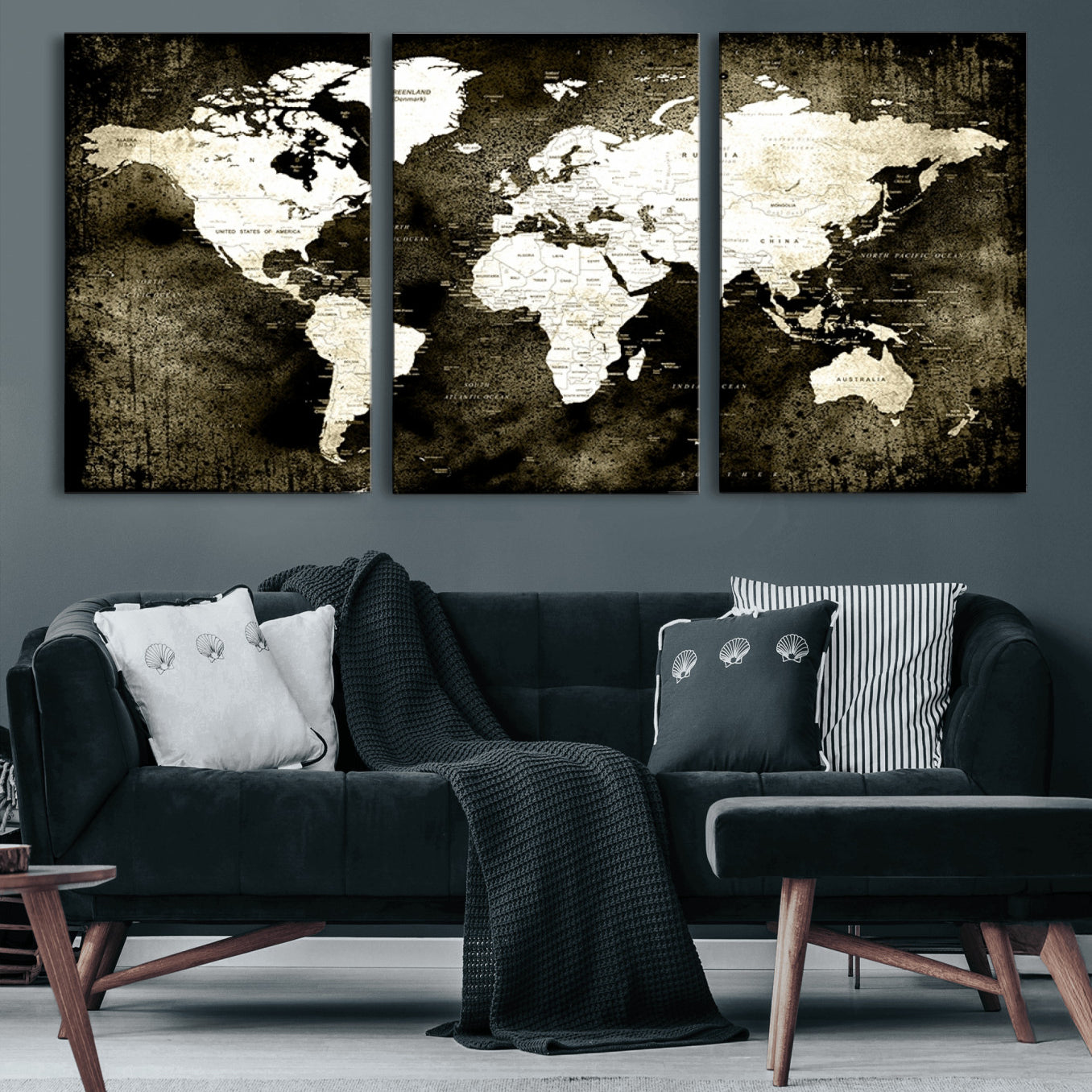 66737-MGV-CV-60X30-3P-Vintage World Map Canvas Wall Art – Framed Push Pin Travel Map for Home and Office Decor, Rustic Wall Artwork for Travelers