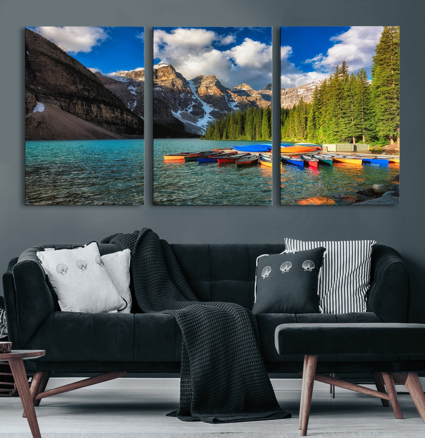 -Moraine Lake 3-Panel Wall Art, Majestic Mountain and Lake Landscape Canvas Print Canoes on Moraine