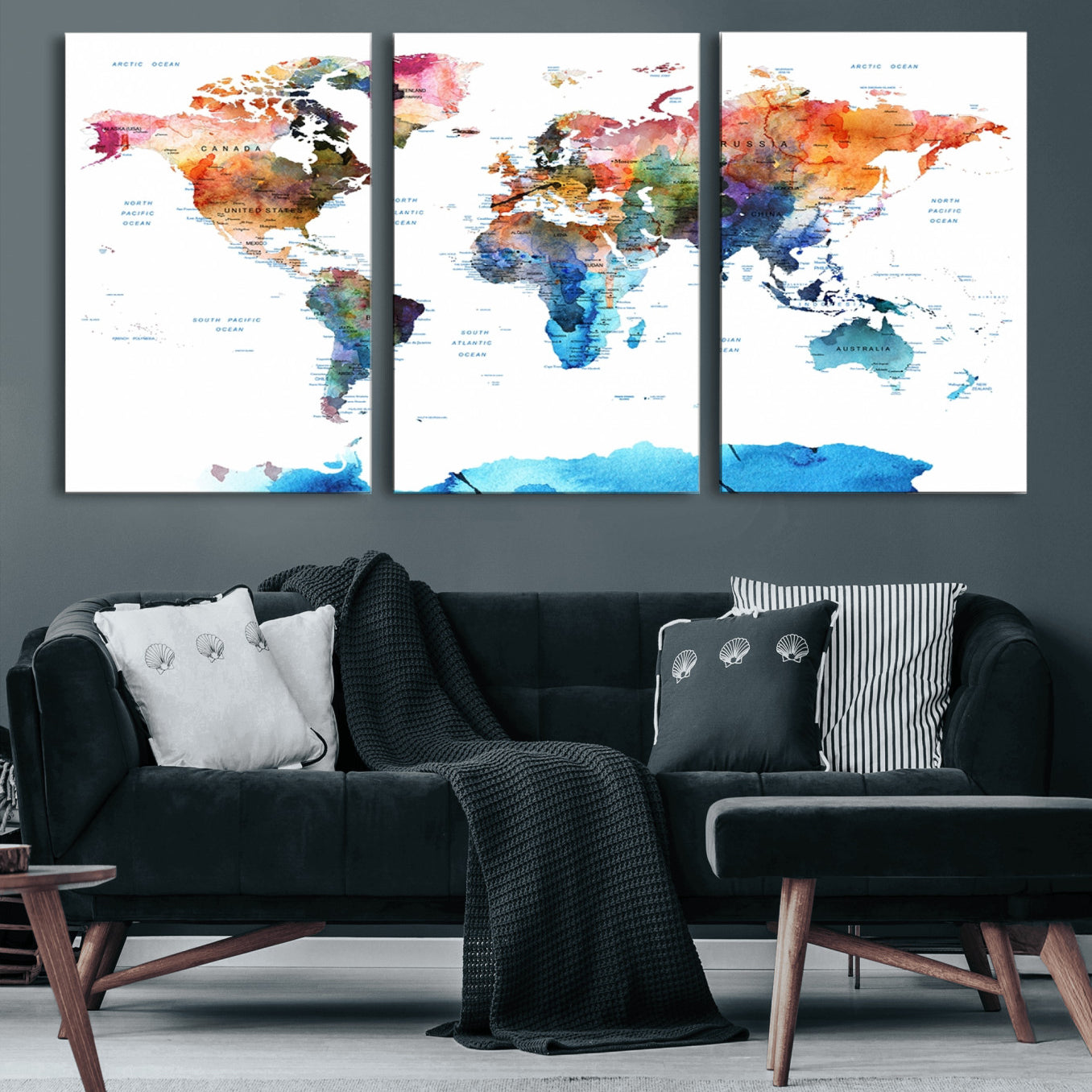 11576-MGV-CV-60X30-3P-Vibrant Watercolor World Map Canvas Wall Art – Framed Push Pin Travel Map for Home and Office Decor, Modern Colorful Wall Artwork