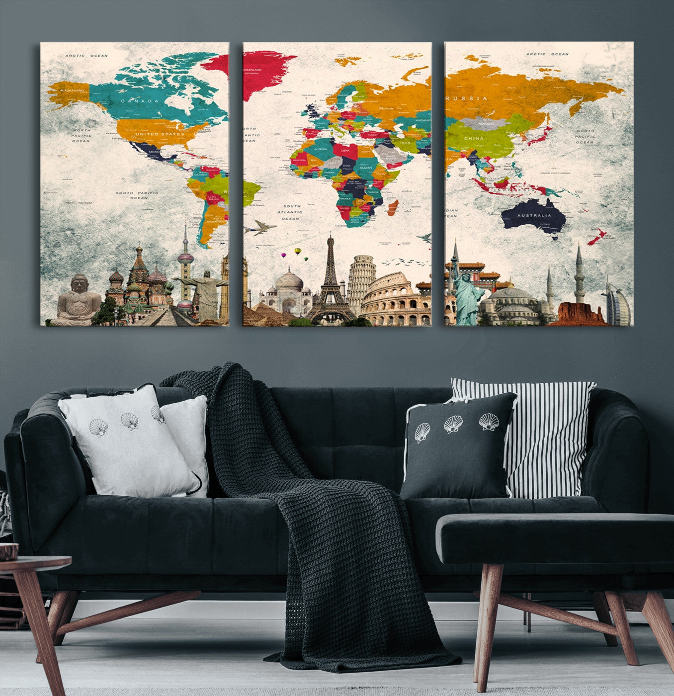 98056-MGV-CV-60X30-3P-Colorful World Map Canvas Wall Art with Landmarks – Framed Travel Map Print for Home and Office Decor, Perfect Gift for Travel Lovers