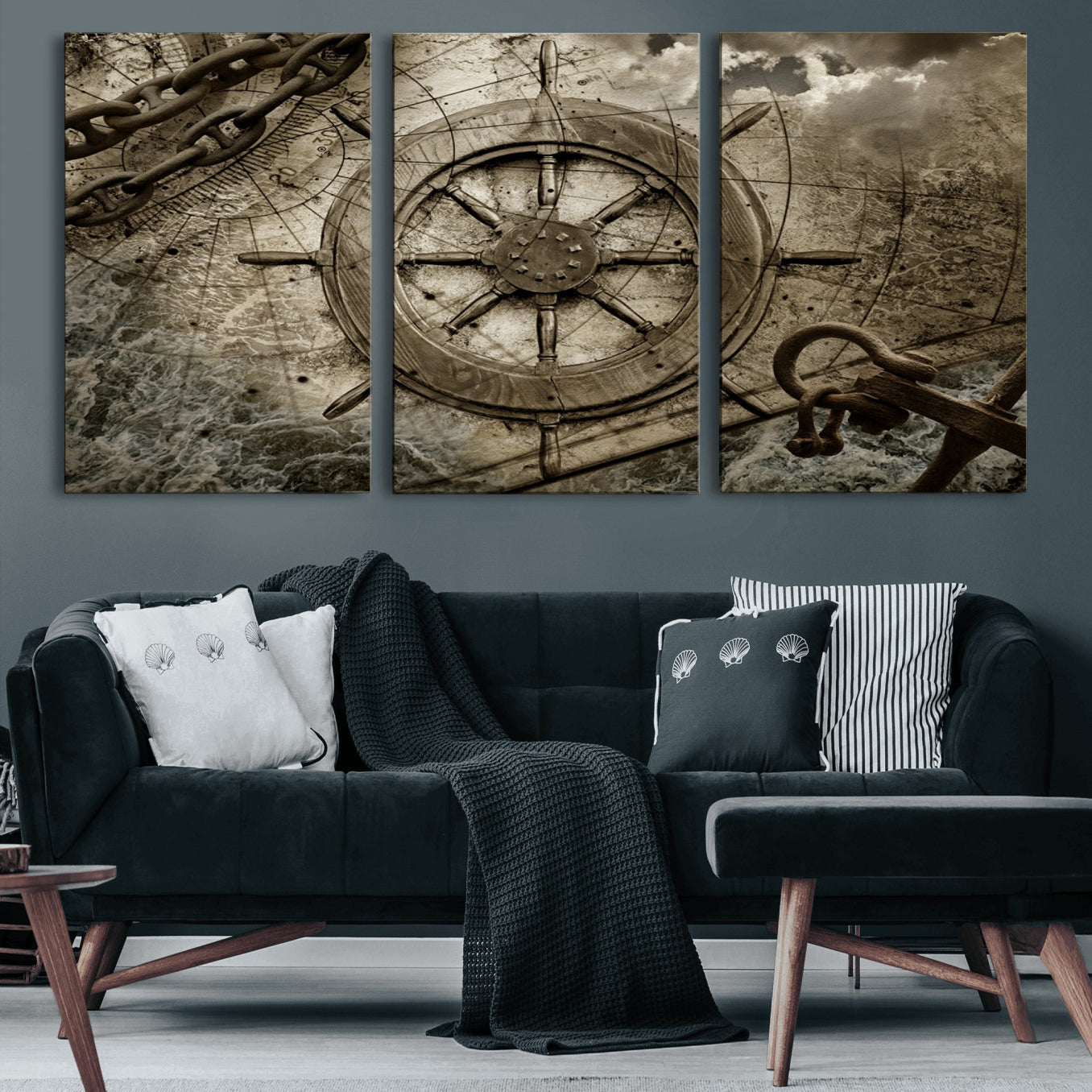 98180-MGV-CV-60X30-3P-Wooden Ship Wheel Canvas Print, Multi Panel Canvas Wall Art Print