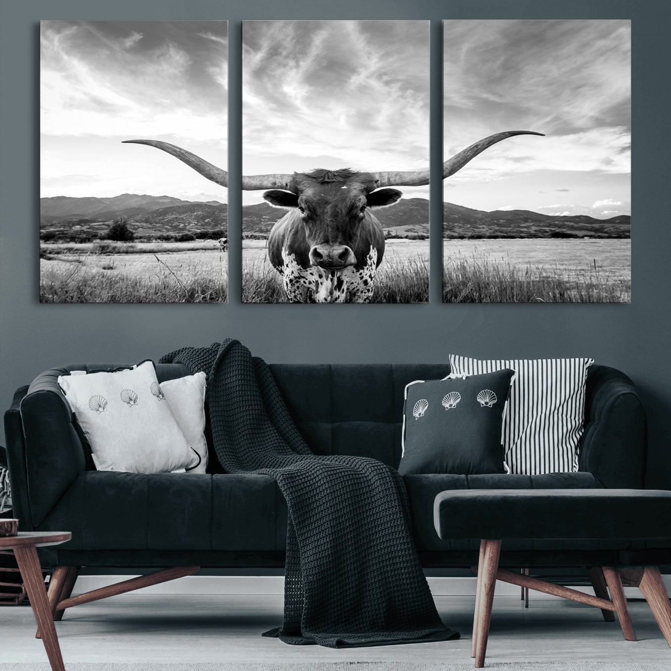 79527-MGV-CV-60X30-3P-Longhorn Black and White Wall Art – Rustic Western Bull Canvas Print, Farmhouse Country Decor for Living Room, Office or Ranch, Cowboy Wall Artwork