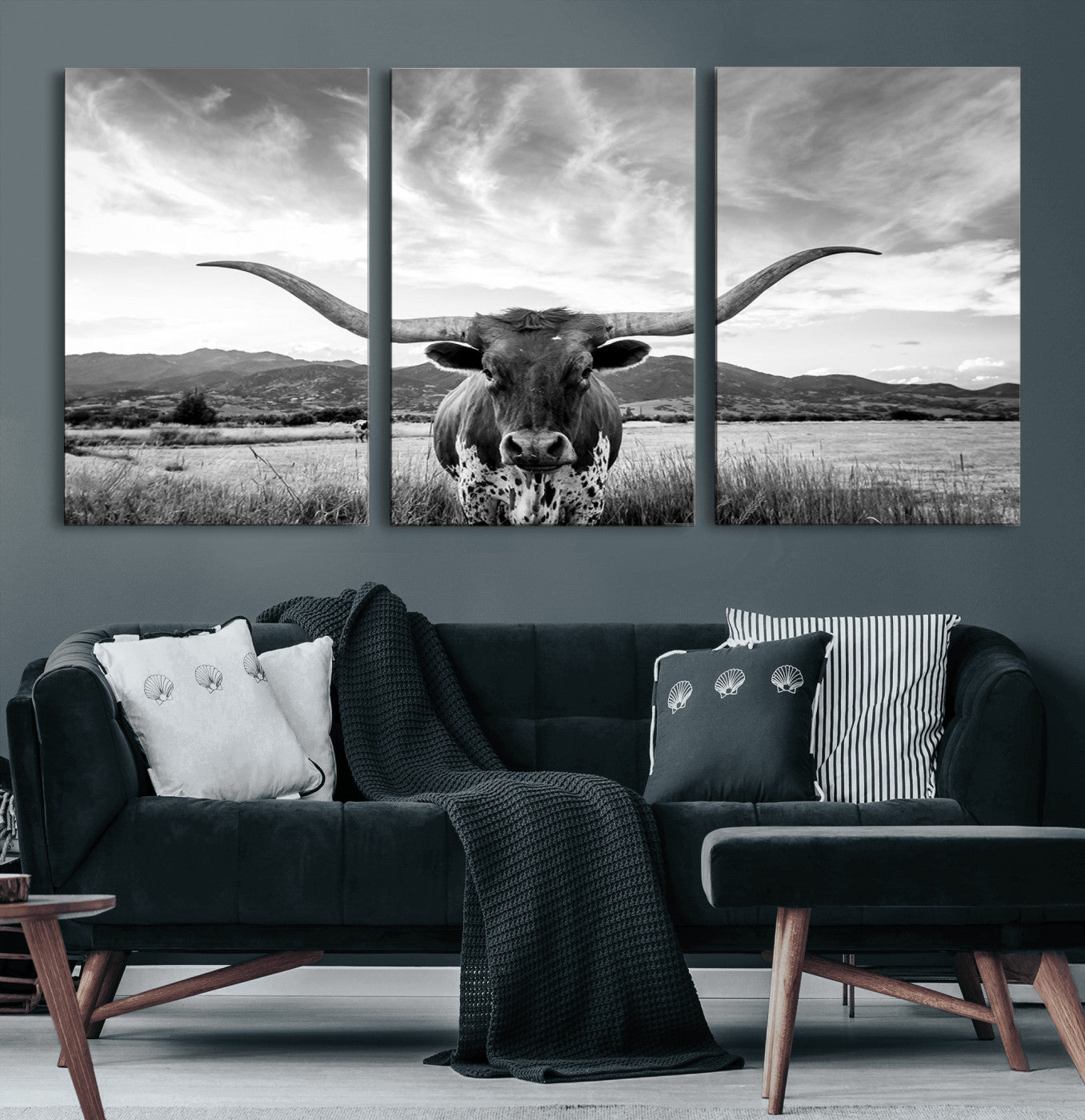 79527-MGV-CV-60X30-3P-Longhorn Black and White Wall Art – Rustic Western Bull Canvas Print, Farmhouse Country Decor for Living Room, Office or Ranch, Cowboy Wall Artwork