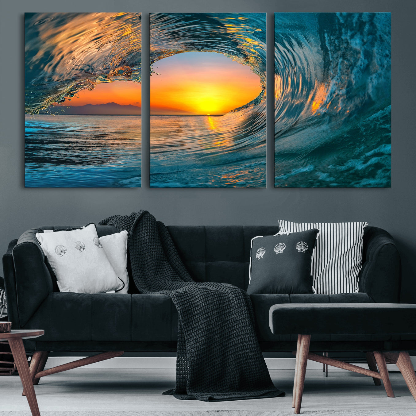 84279-MGV-CV-60X30-3P-Ocean Wave Sunset Wall Art | Large Coastal Wave Canvas Print | 3-Panel Ocean Sunset Seascape for