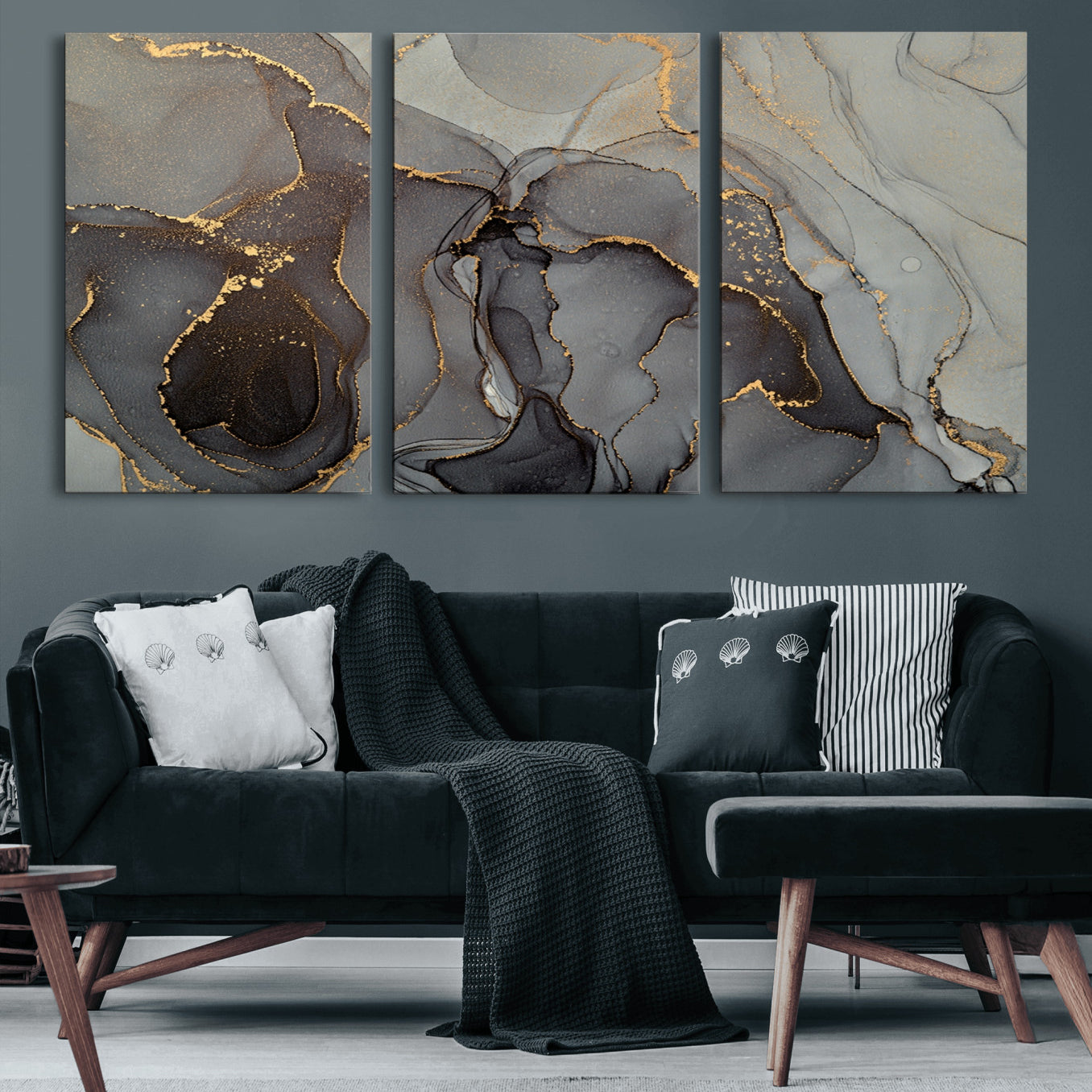 16762-MGV-CV-60X30-3P-Gray Marble Fluid Wall Art – Modern Abstract Canvas Print with Elegant Flowing Patterns, Minimalist Luxury Decor for Living Room, Office, or Bedroom