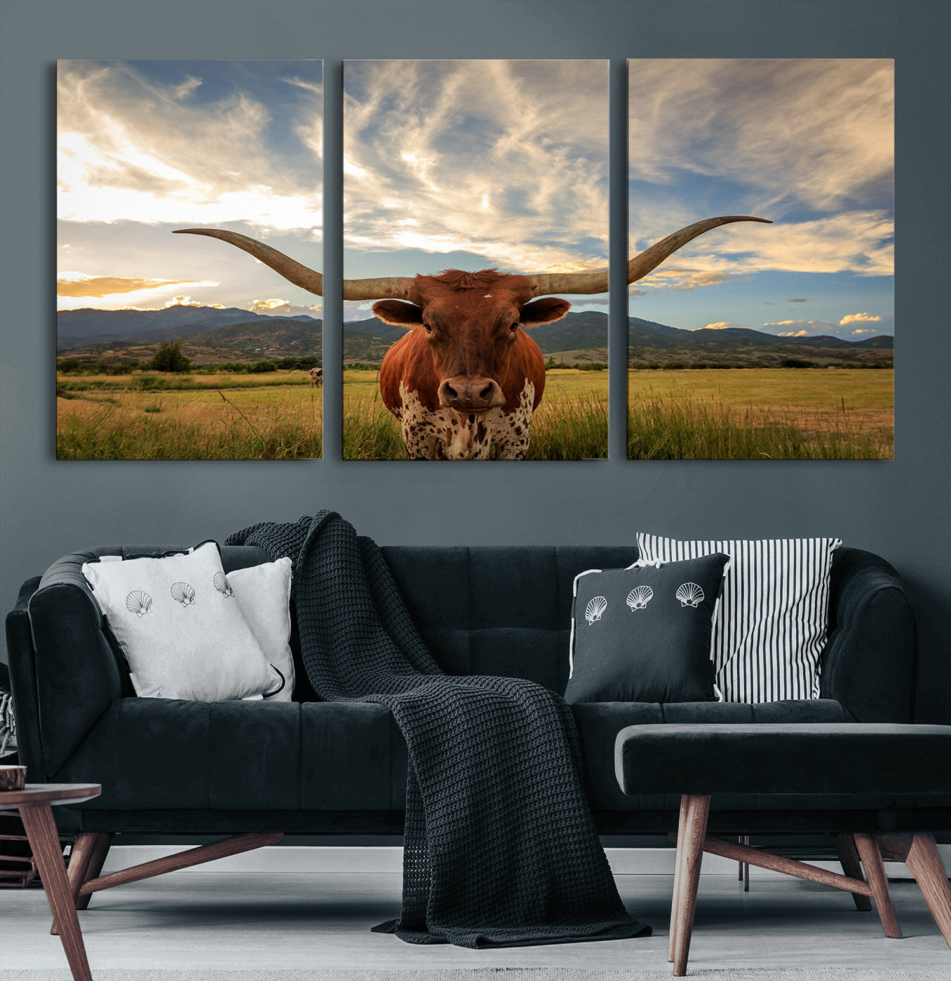 55416-MGV-CV-60X30-3P-Texas Longhorn Canvas Wall Art – Majestic Triptych Animal Print – Rustic Western Decor for Living