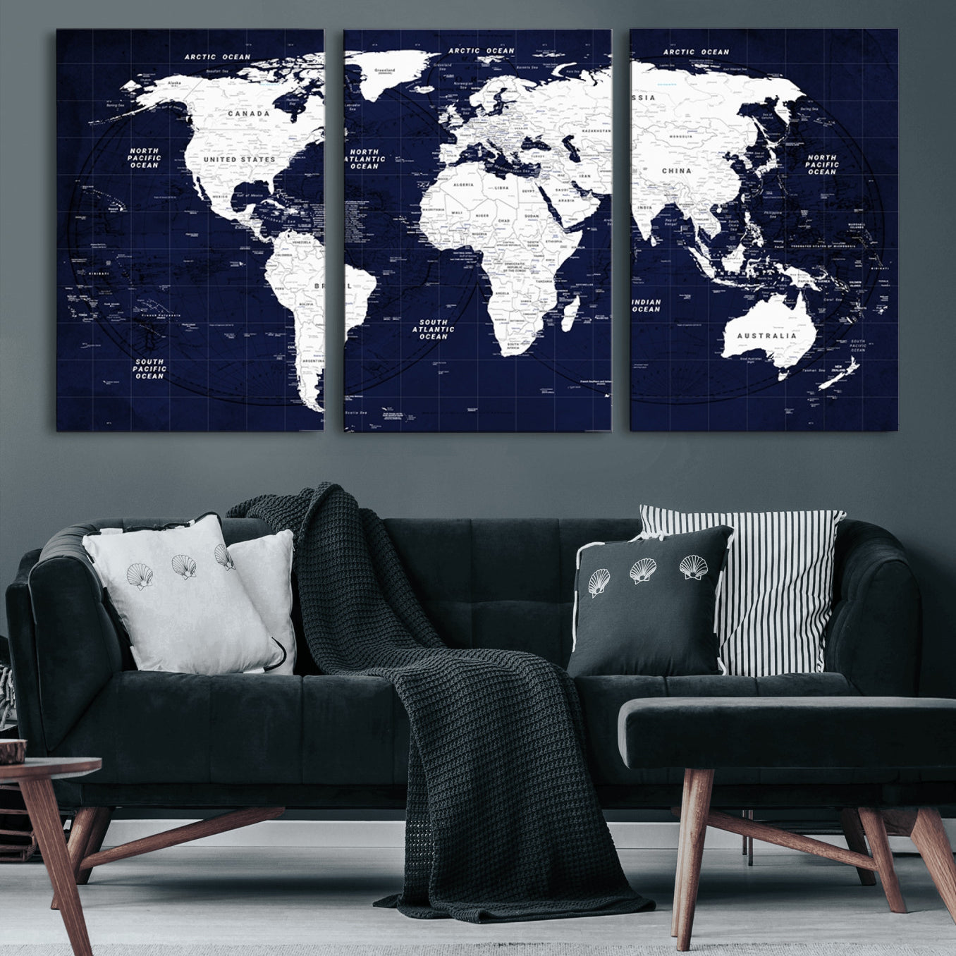 90649-MGV-CV-60X30-3P-Navy Blue World Map Canvas Print – Modern Push Pin Travel Map Wall Art, Framed Contemporary Decor for Home or Office