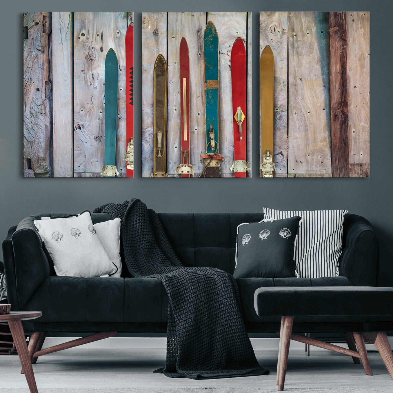 30640-MGV-CV-60X30-3P-Vintage Wooden Weathered Ski's in Front of an Old Barn Wall Art Canvas Print for Farmhouse, Cabin