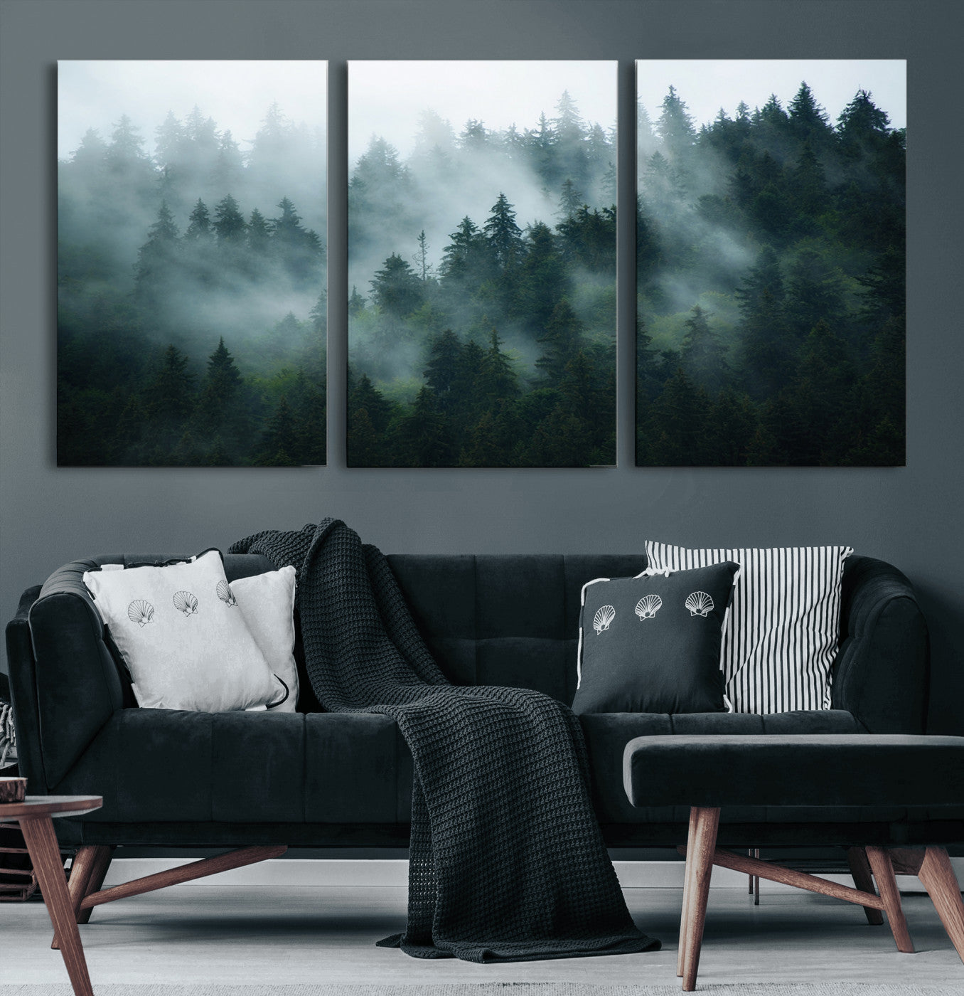 73410-MGV-CV-60X30-3P-Misty Forest Wall Art – Serene Green Landscape Canvas Print, Nature-Inspired Woodland Decor for Living Room or Office