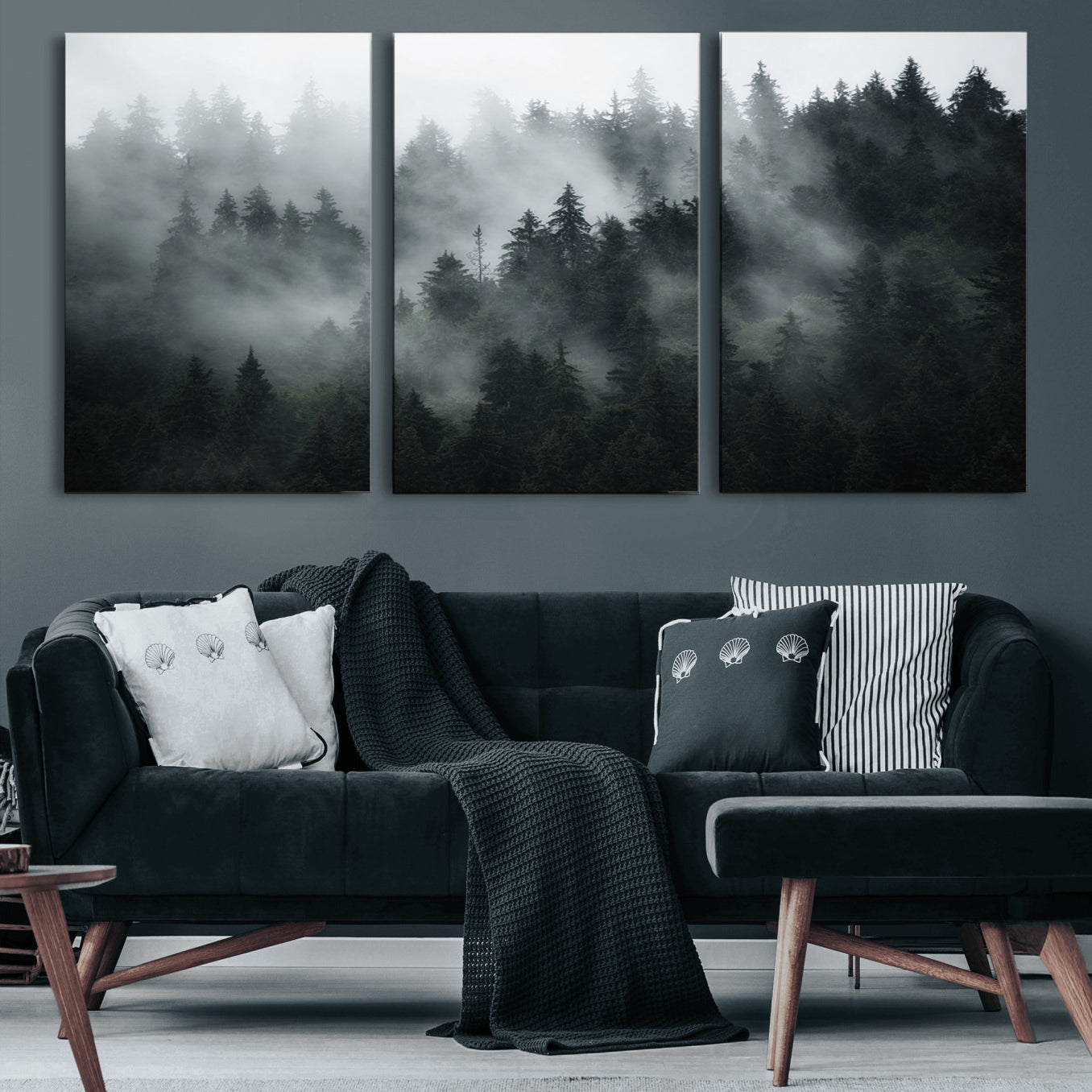 52359-MGV-CV-60X30-3P-Foggy Forest Wall Art Canvas Print | 3 Panel Large Misty Landscape for Dining Room, Office, or
